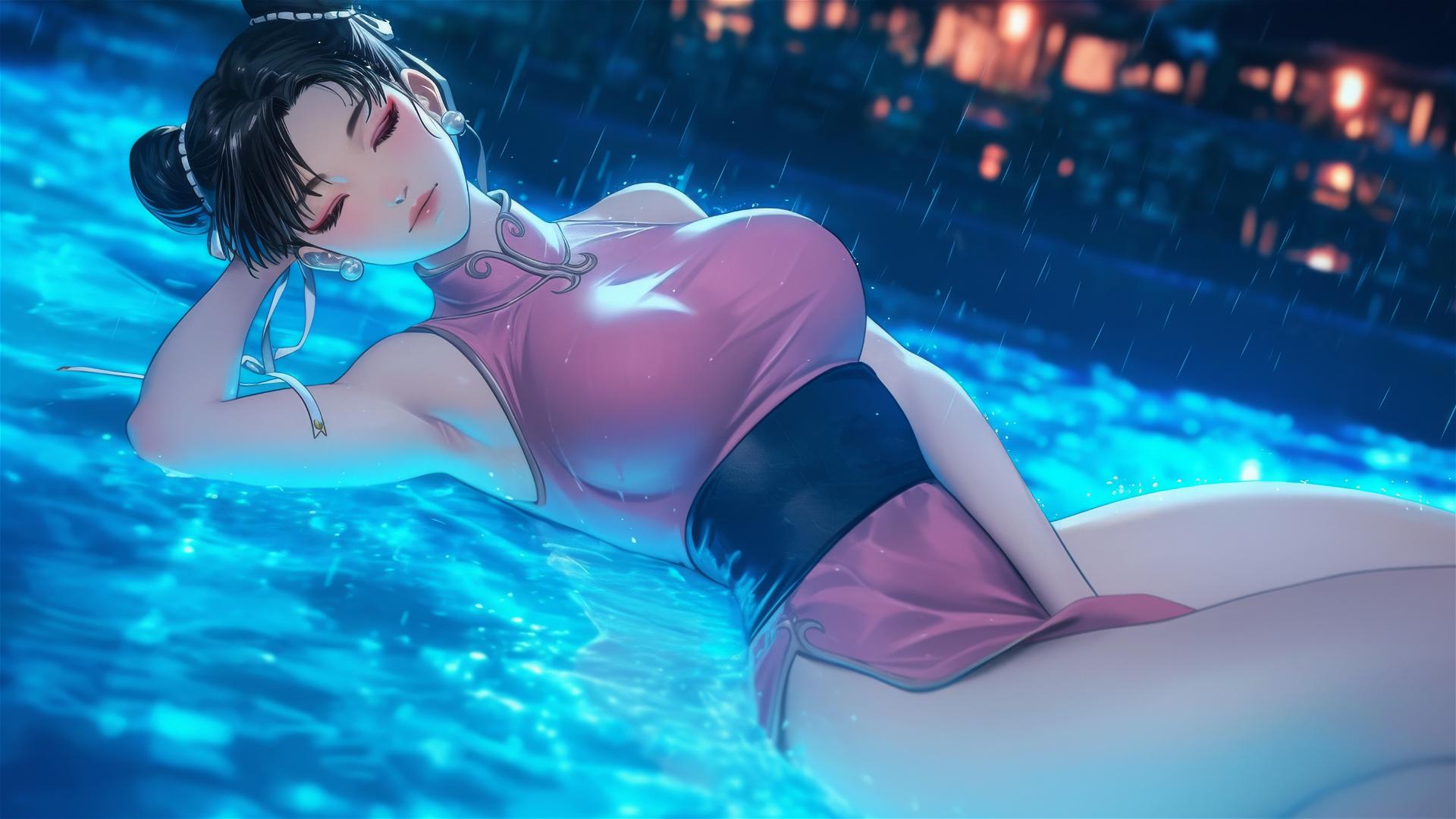 4k HD Wallpaper: Chun Li Resting by Rainy Pool at Night