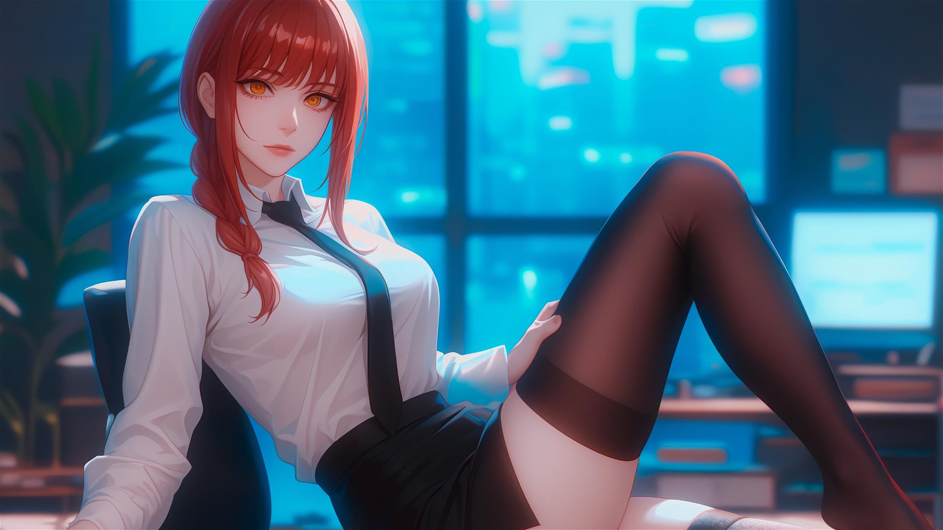 Papel de Parede 4K HD: Makima do Chainsaw Man: Pose descontraída no  escritório com realce na coxa