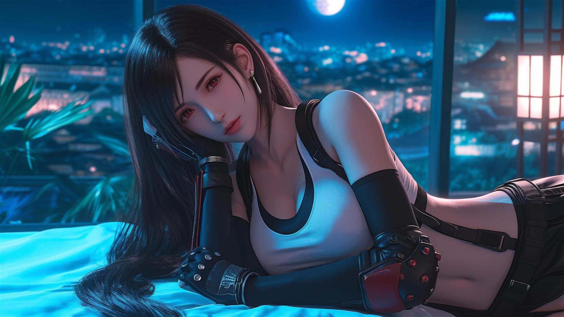 4k HD Wallpaper: Tifa Lockhart Resting in Moonlit Room