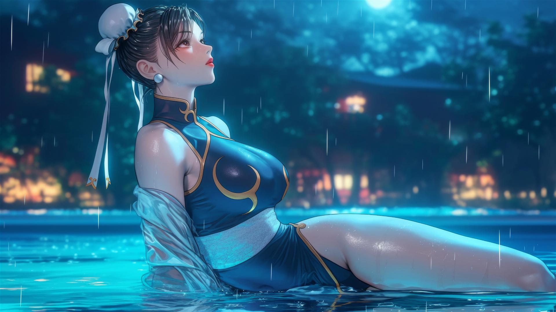 4k HD Wallpaper: Chun Li Resting by Rainy Pool