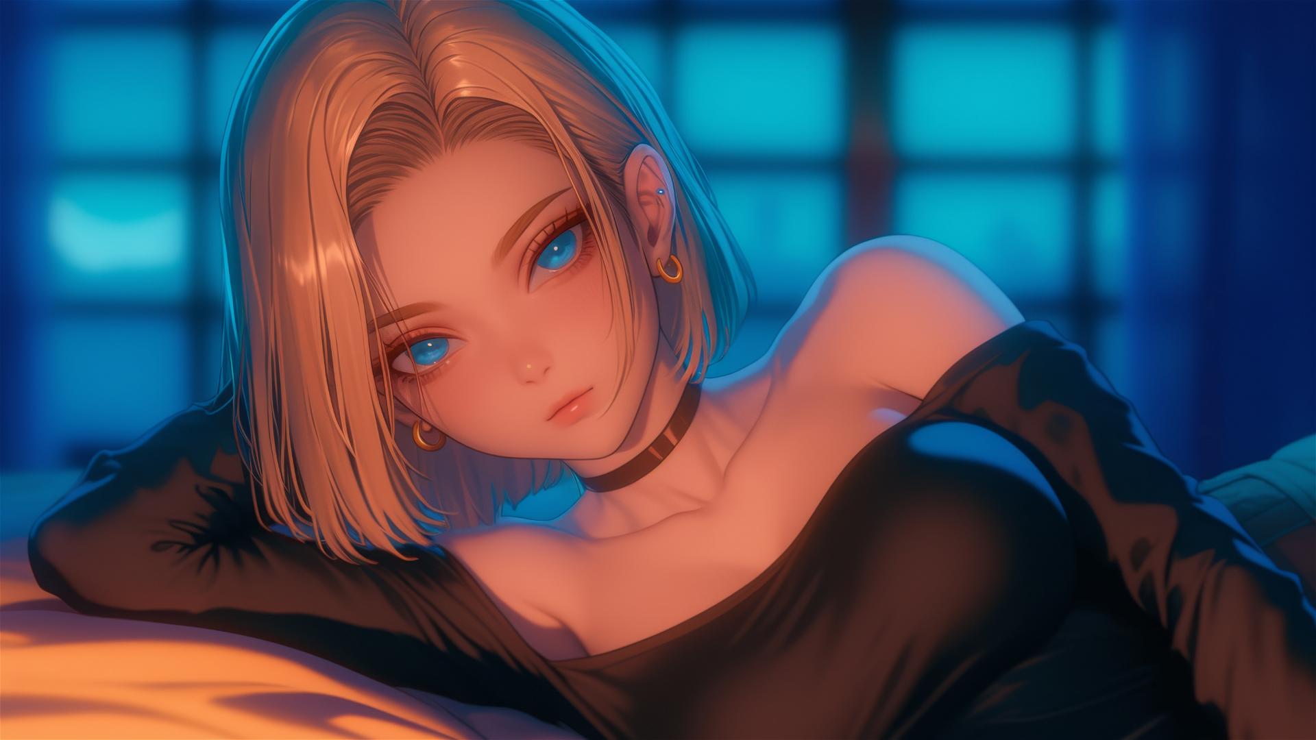 4k HD Wallpaper: Android 18 Relaxing in Moonlit Room