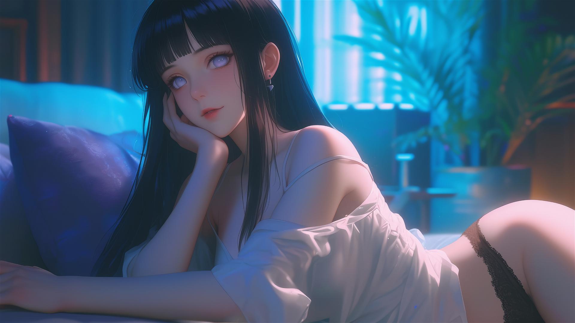 4k HD Wallpaper: Hinata Hyuga Resting in a Modern Hotel