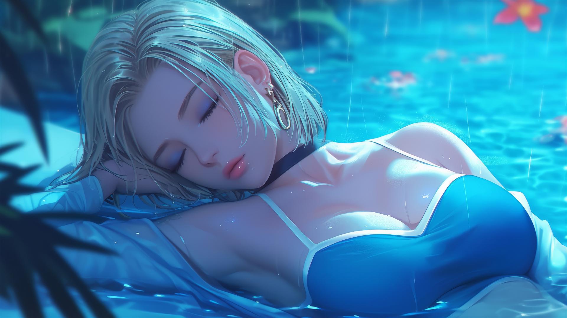 Fondo de Pantalla 4K HD: Android 18 Descansando junto a la Piscina en un  Día Lluvioso