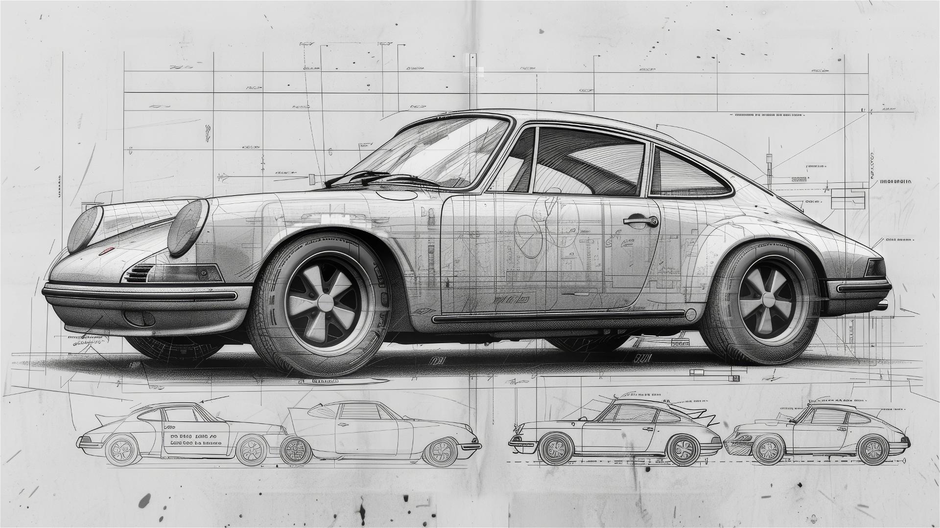 4k HD Wallpaper: Porsche 911 Blueprint and Sketch