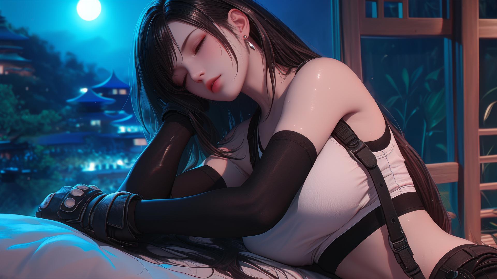 4k HD Wallpaper: Tifa Lockhart Resting in Moonlit Room