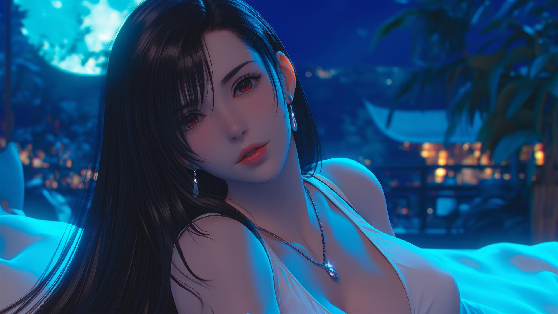 4k HD Wallpaper: Tifa Lockhart Relaxing in Moonlit Room