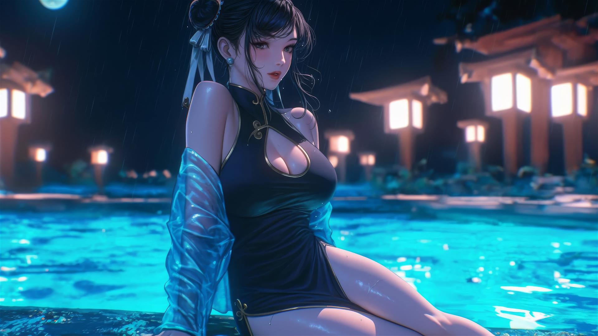 4k HD Wallpaper: Chun Li at Rainy Pool with Moonlight