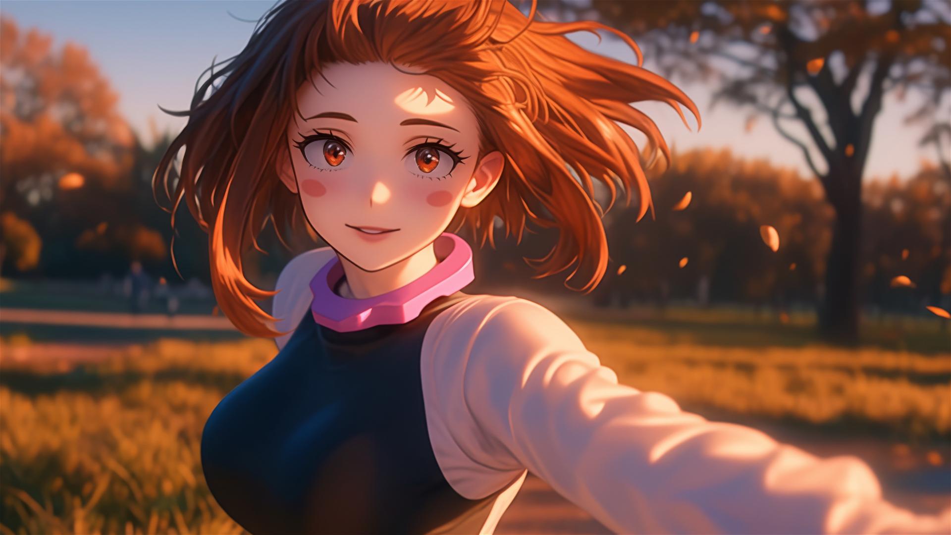 4k HD Wallpaper: Ochaco Uraraka Running at Sunrise in Modern Park