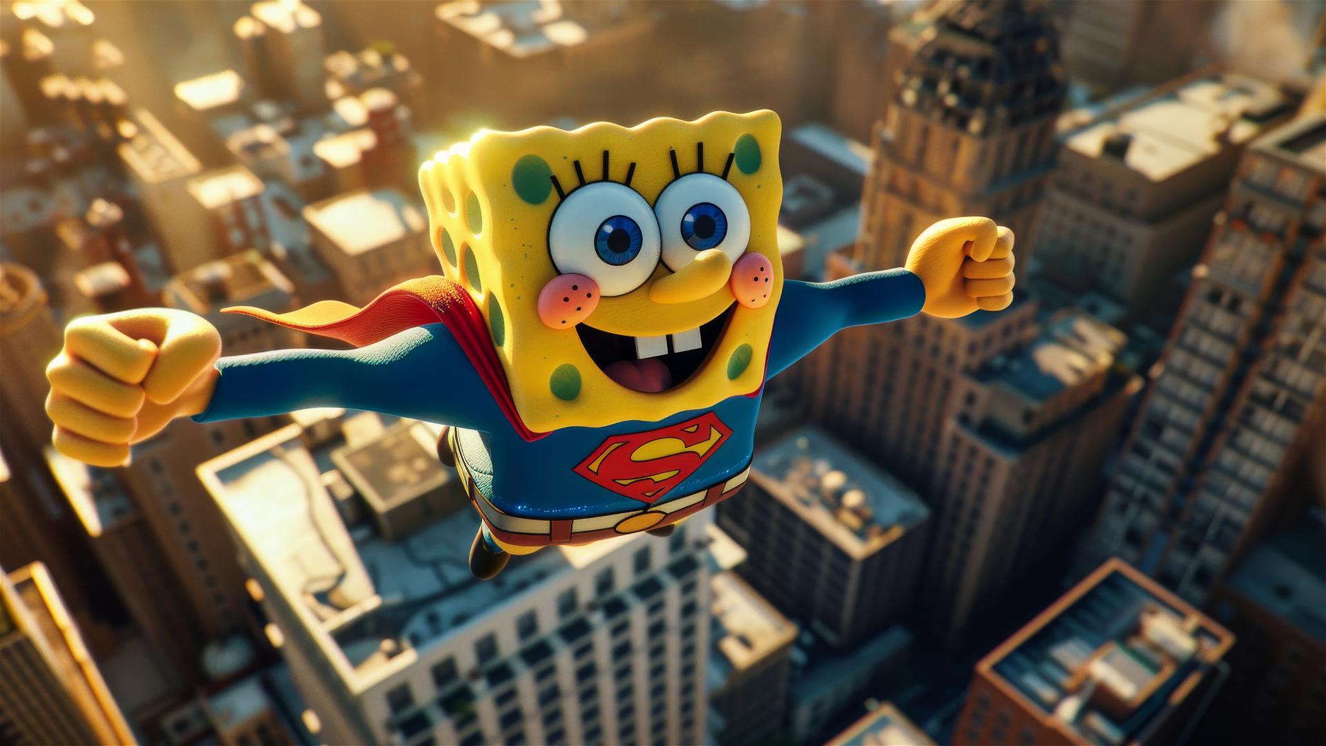 Papel de Parede 4K HD: Bob Esponja como Super-Homem Voando Sobre a Cidade