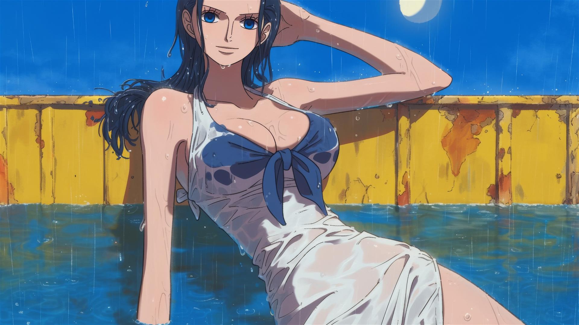 4K HD Обои: Moonlit Nico Robin in Bunny Girl Style by the Pool