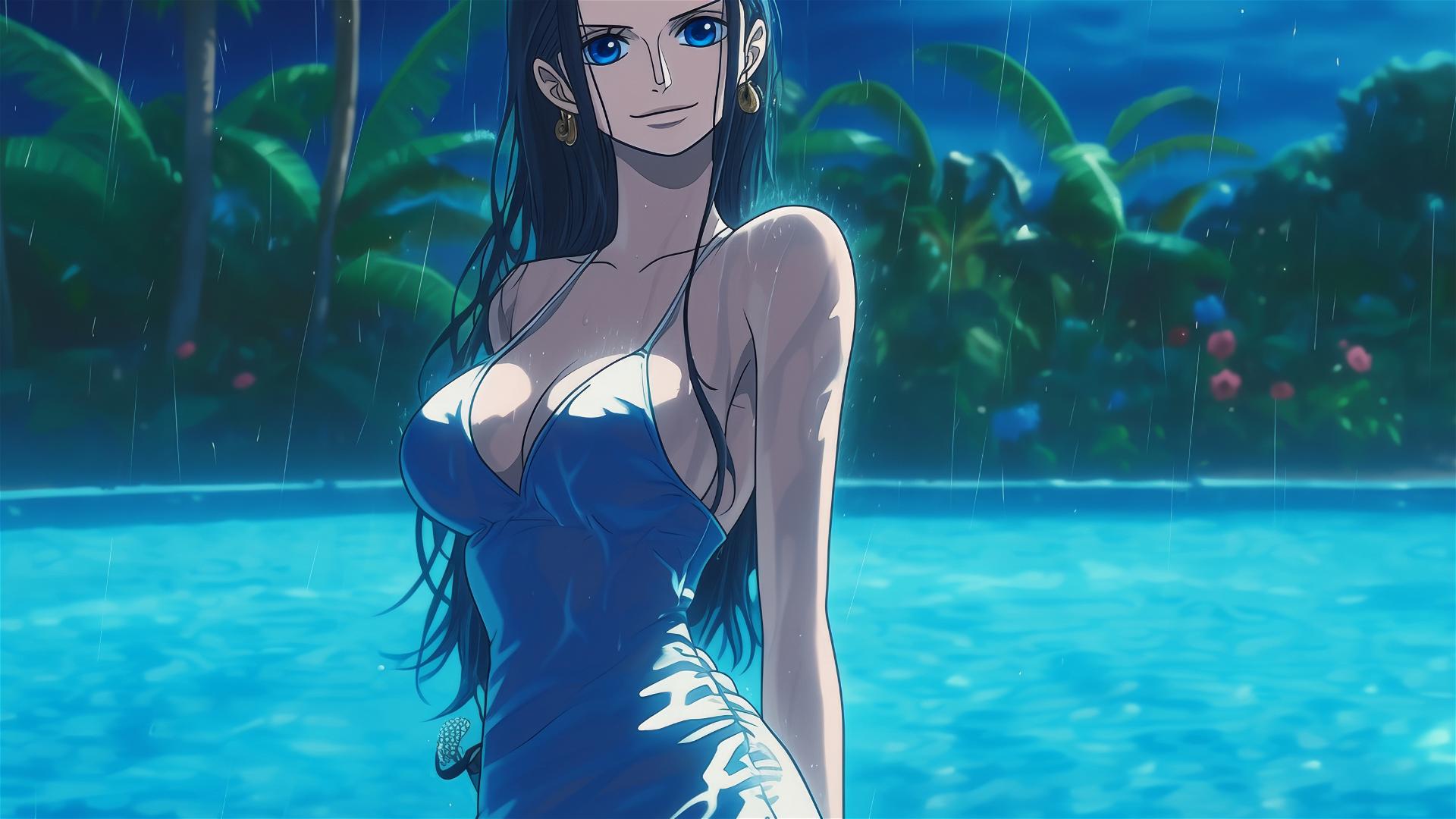 4k HD Wallpaper: Nico Robin in Moonlit Rainy Pool