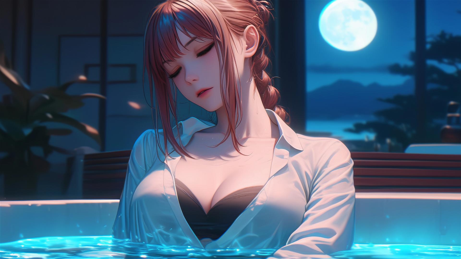 4k HD Wallpaper: Moonlit Rest: Makima from Chainsaw Man in Bathtub