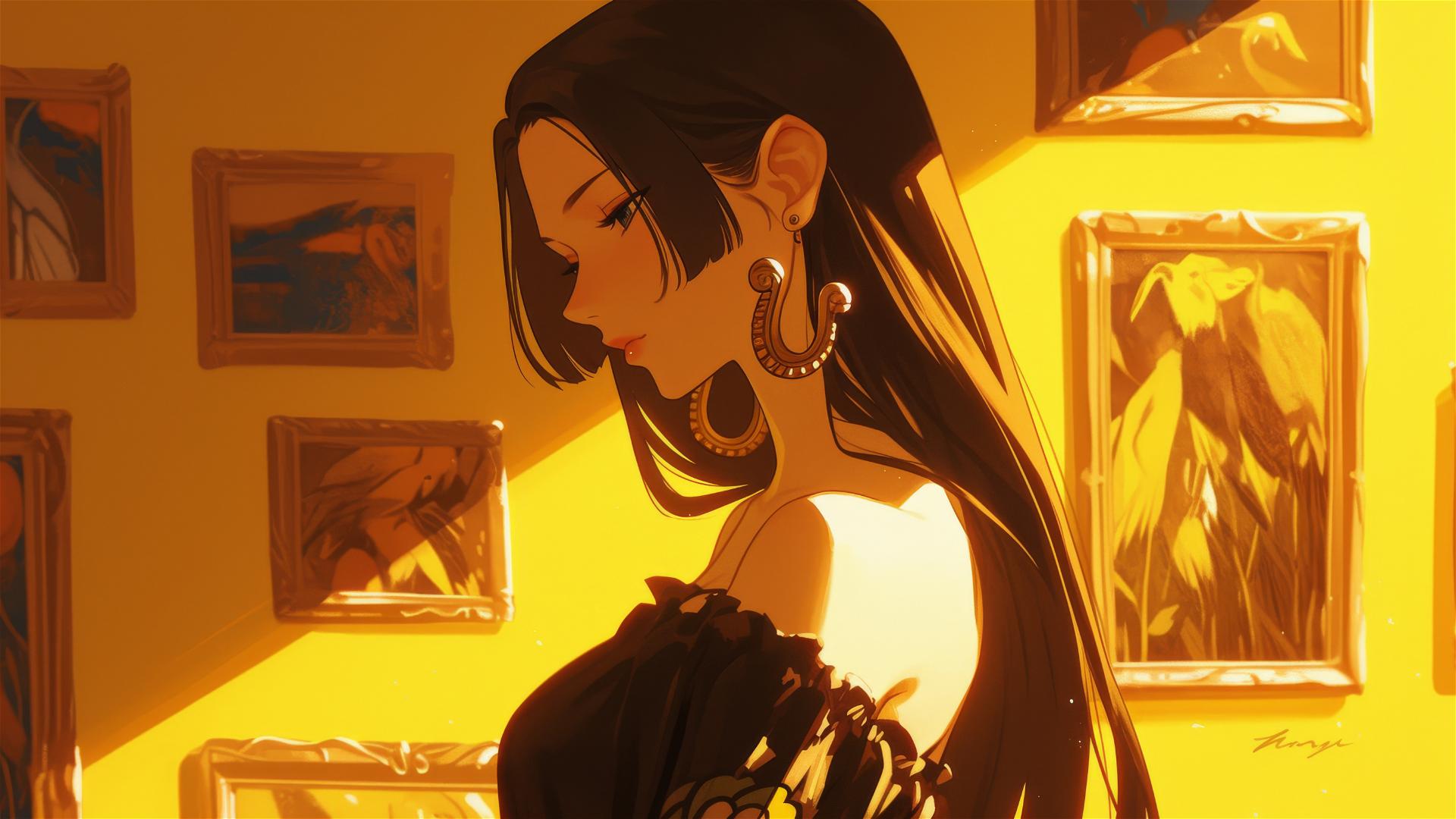 Boa Hancock from One Piece exploring an art gallery under soft lighting