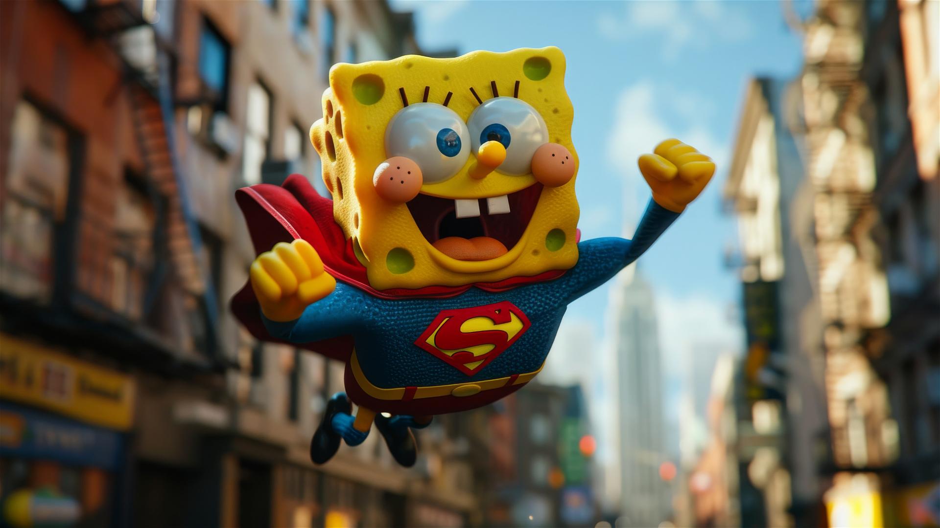 Fondo de Pantalla 4K HD: Bob Esponja como Superman volando sobre la ciudad