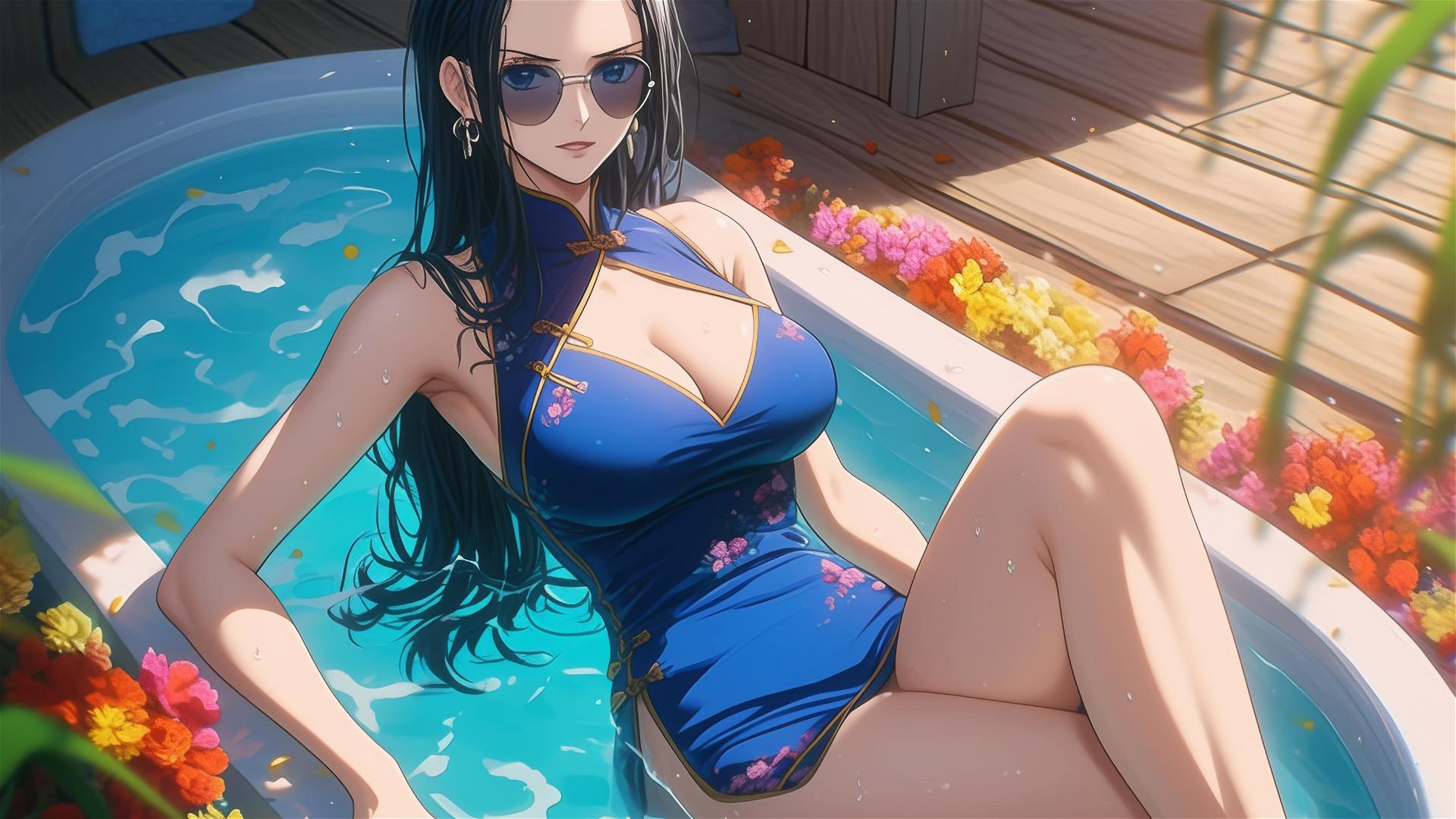 4k HD Wallpaper: Nico Robin in Flower Tub at Chinese Spa