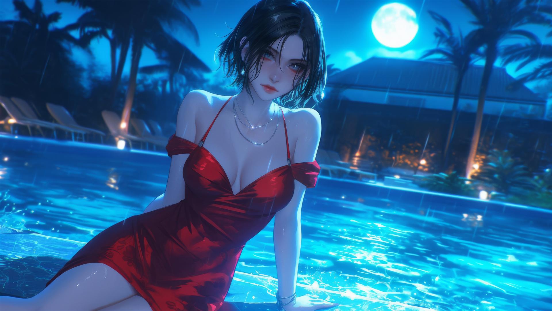 Fondo de Pantalla 4K HD: Ada Wong junto a una piscina iluminada por la luz  de la luna