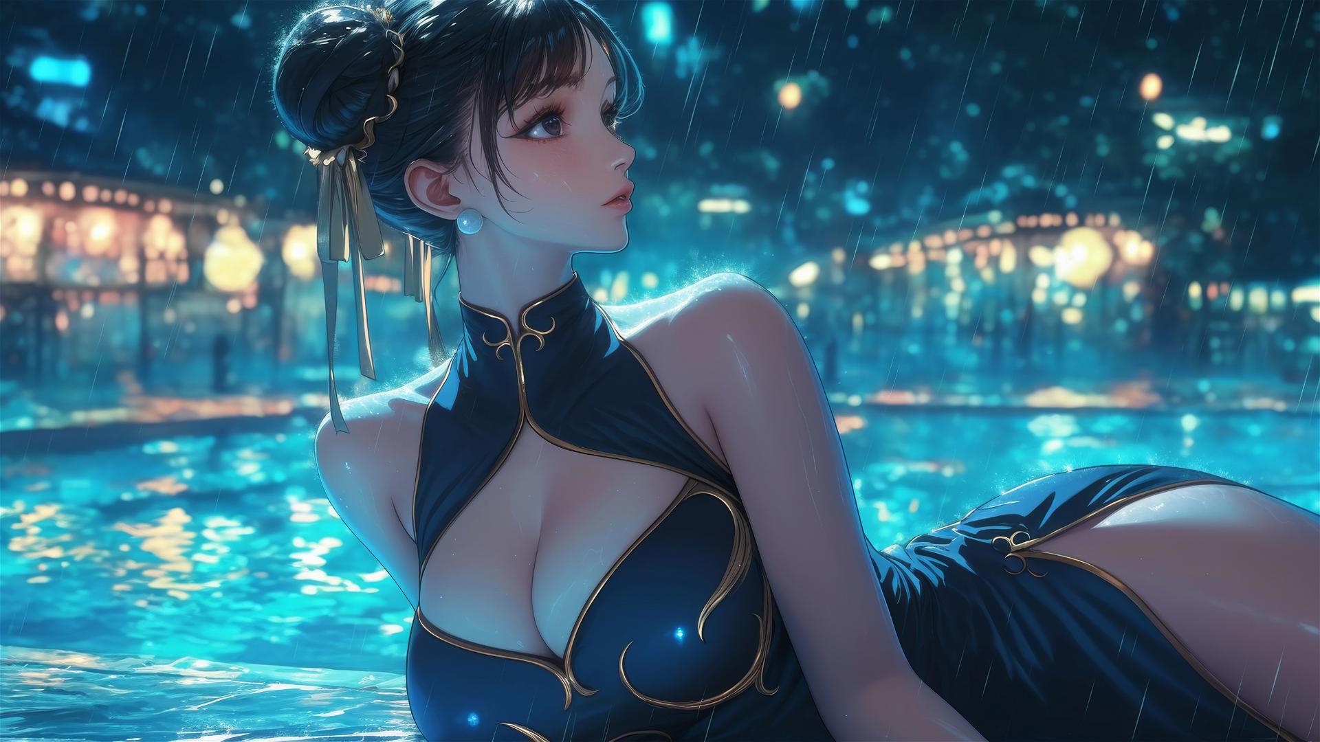 4k HD Wallpaper: Chun Li Resting at Rainy Poolside