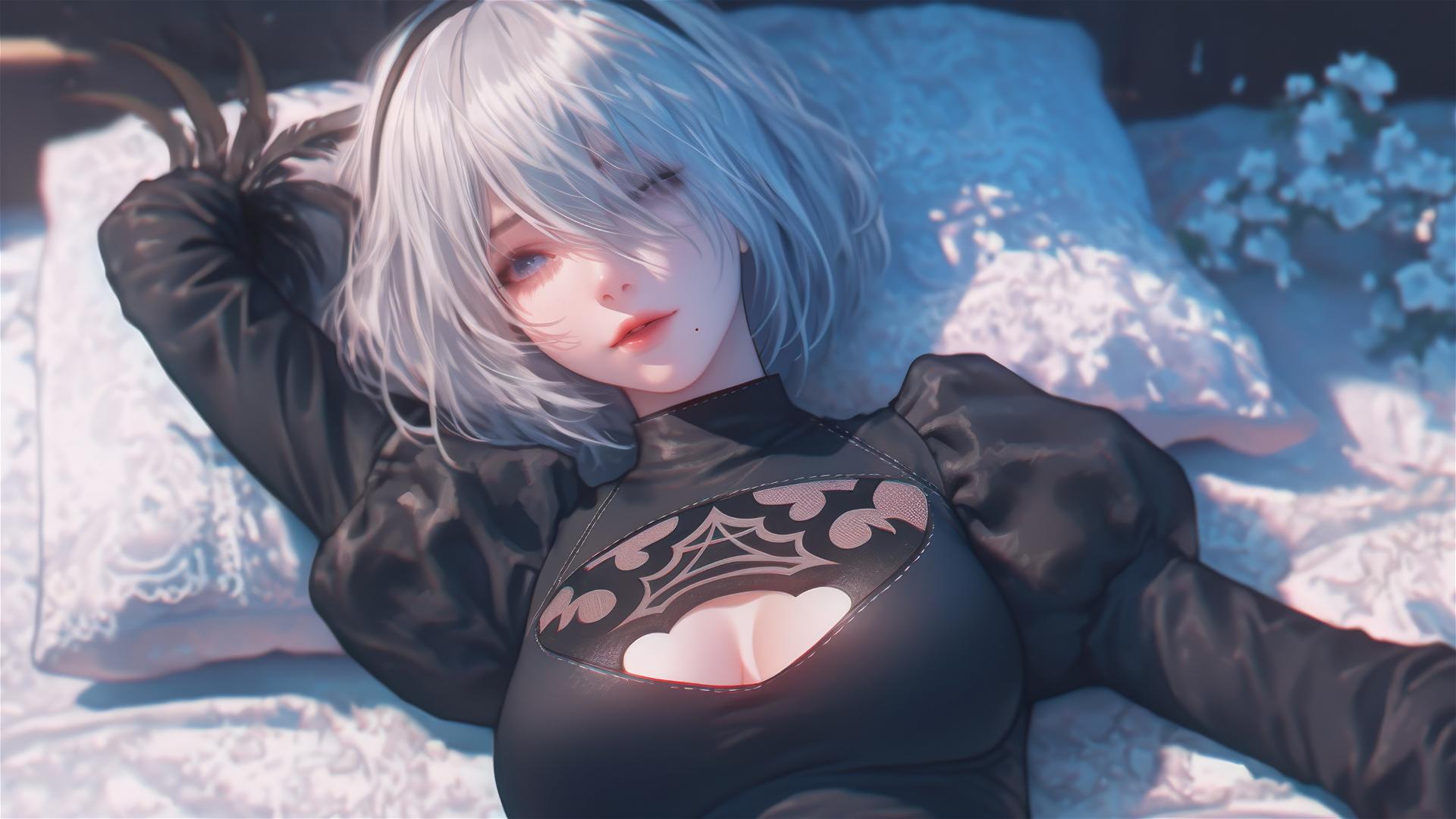 4k HD Wallpaper: Relaxed 2B from Nier in Bed