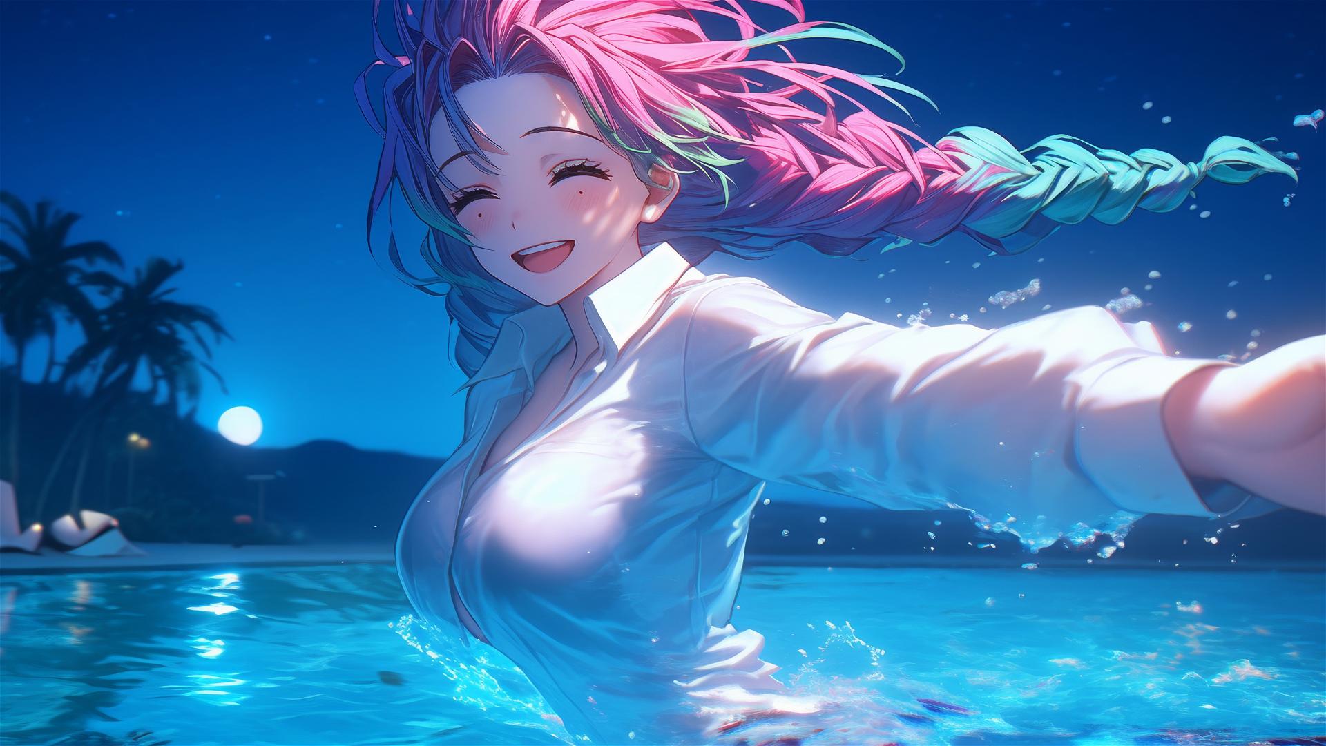 4k HD Wallpaper: Mitsuri Kanroji Jumping Out of Pool Under Moonlight