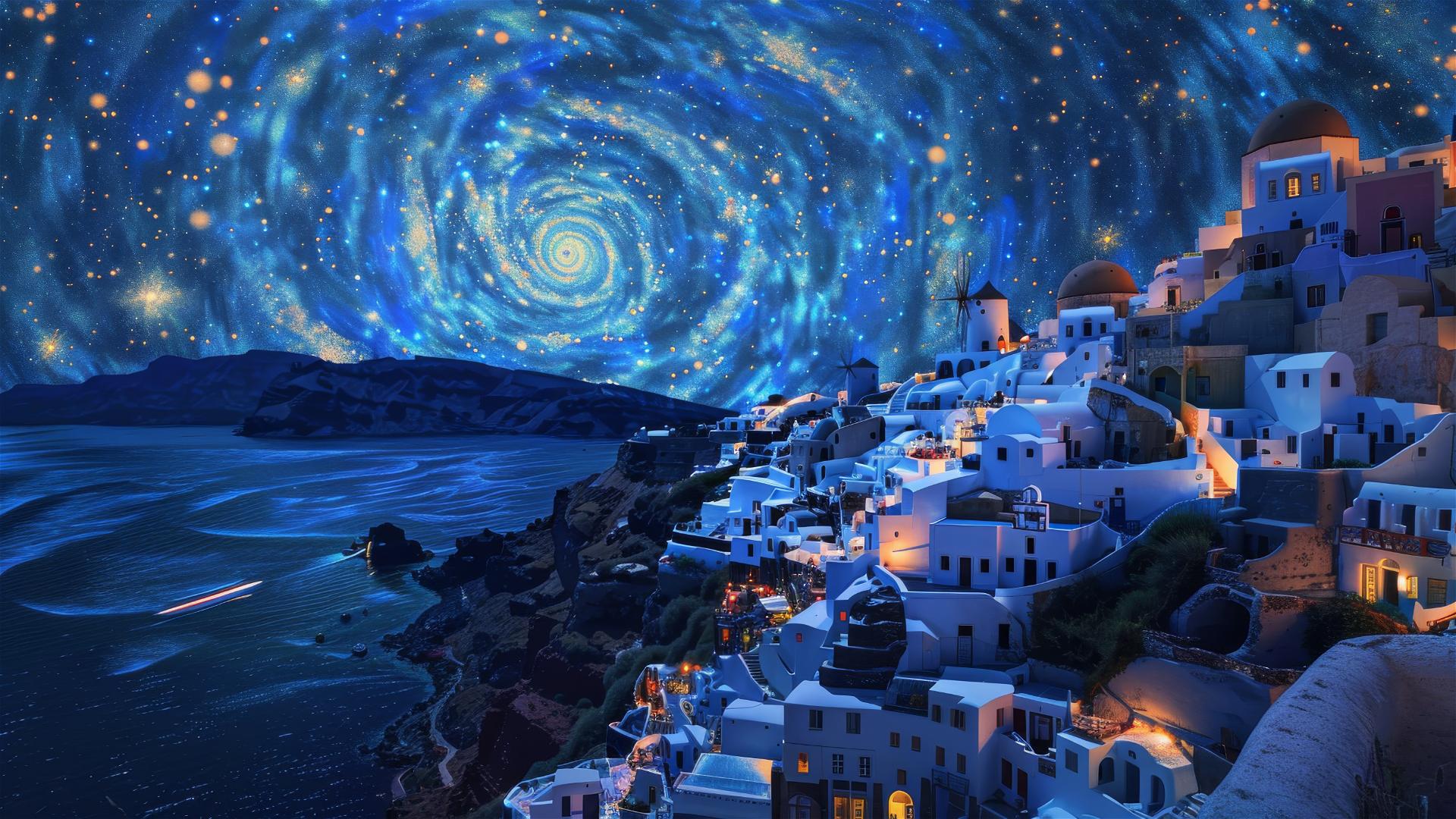 4k HD Wallpaper: Santorini Dusk: Starry Sky and Mediterranean Charm