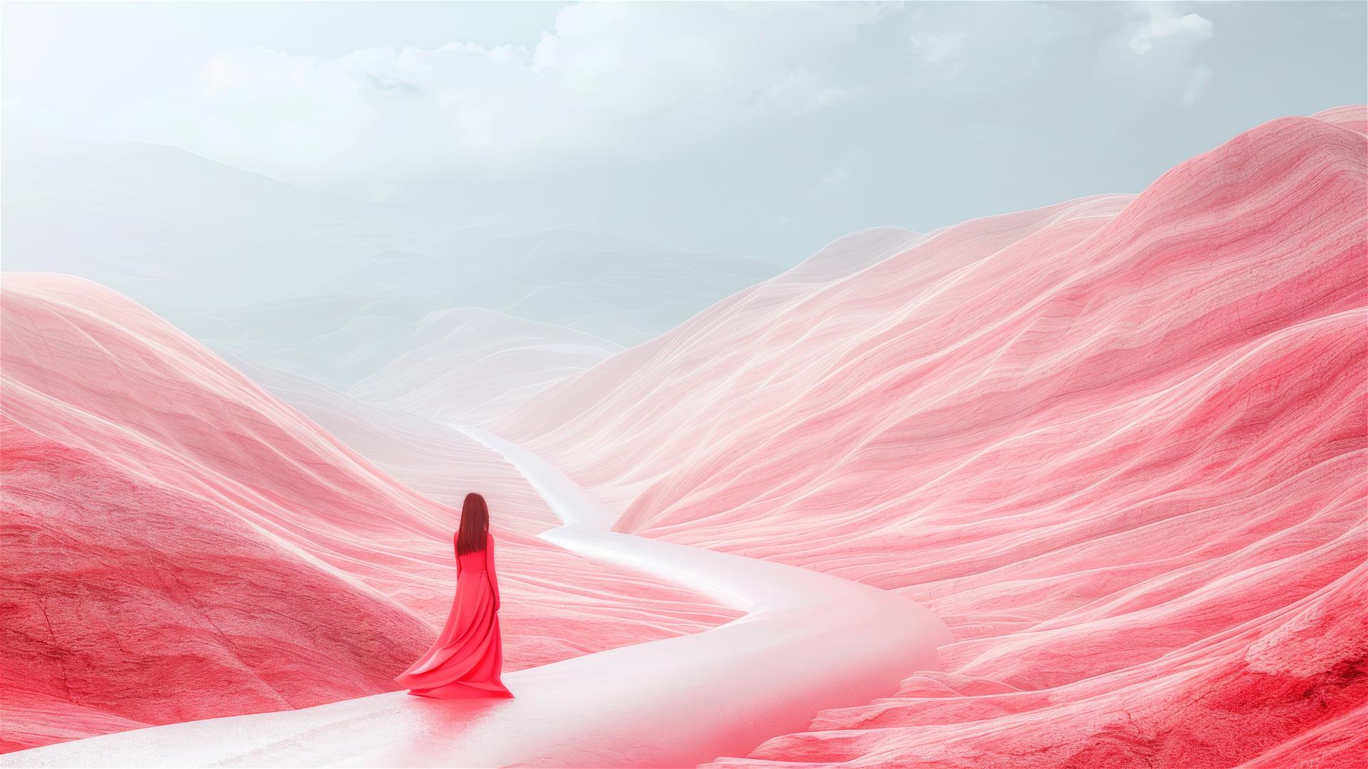 Fondo de Pantalla 4K HD: Fotografía Surrealista de Moda en Montañas Rosadas