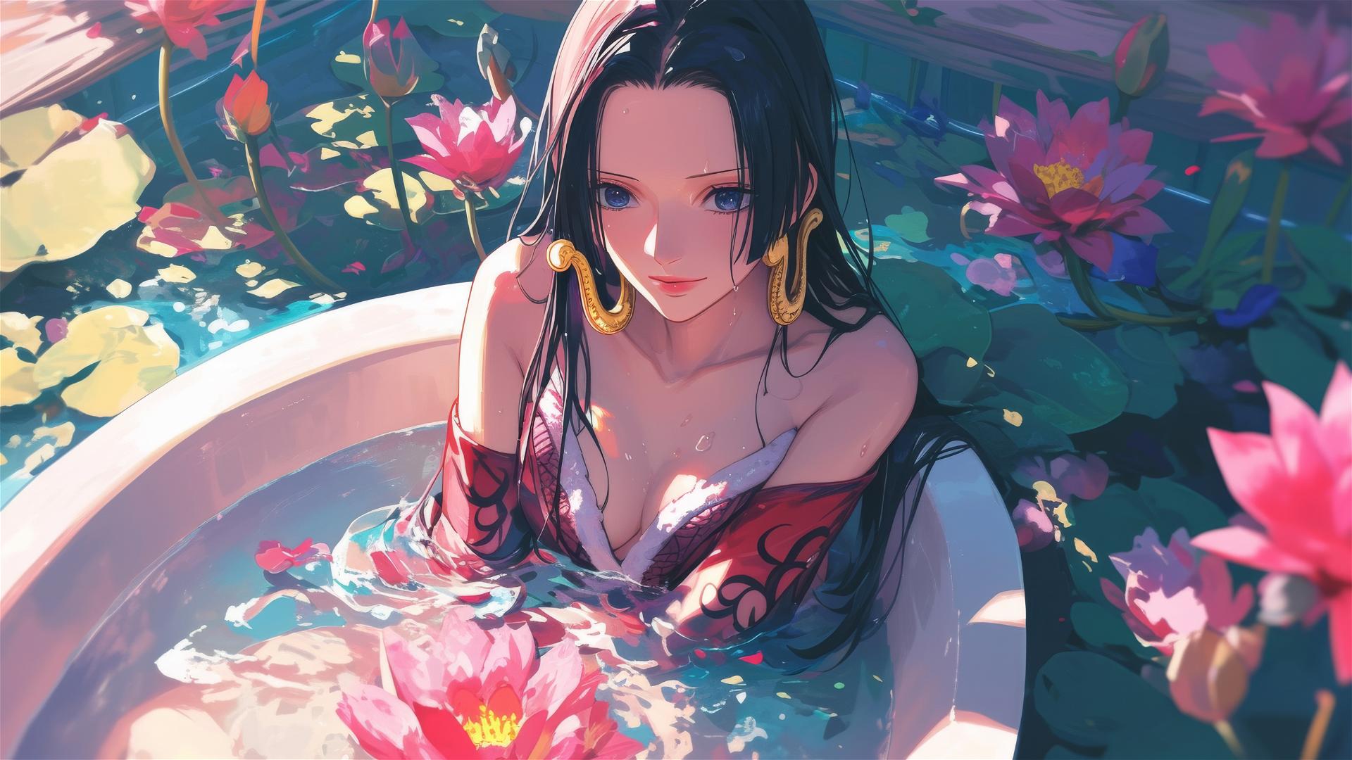 4k HD Wallpaper: Boa Hancock in Flower-Filled Tub