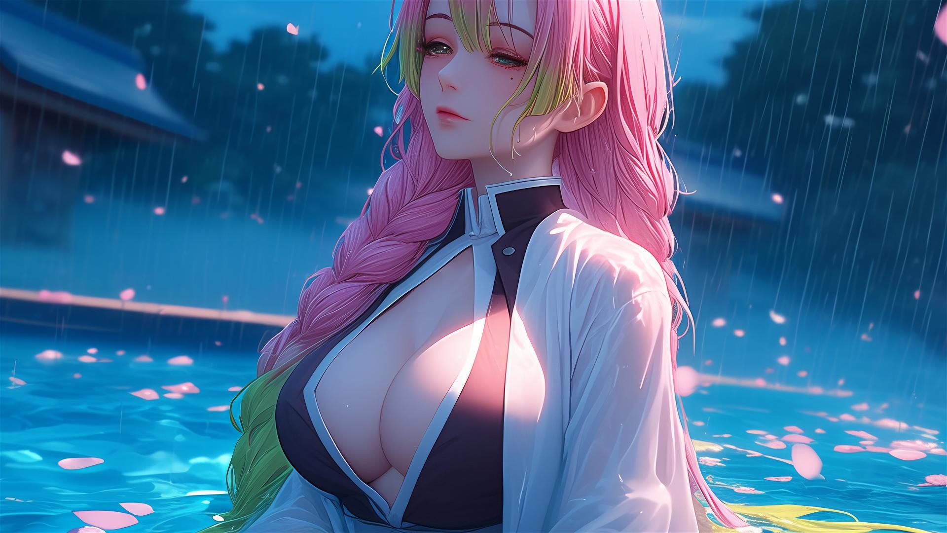 4k HD Wallpaper: Moonlit Poolside Repose: Mitsuri Kanroji in Pink