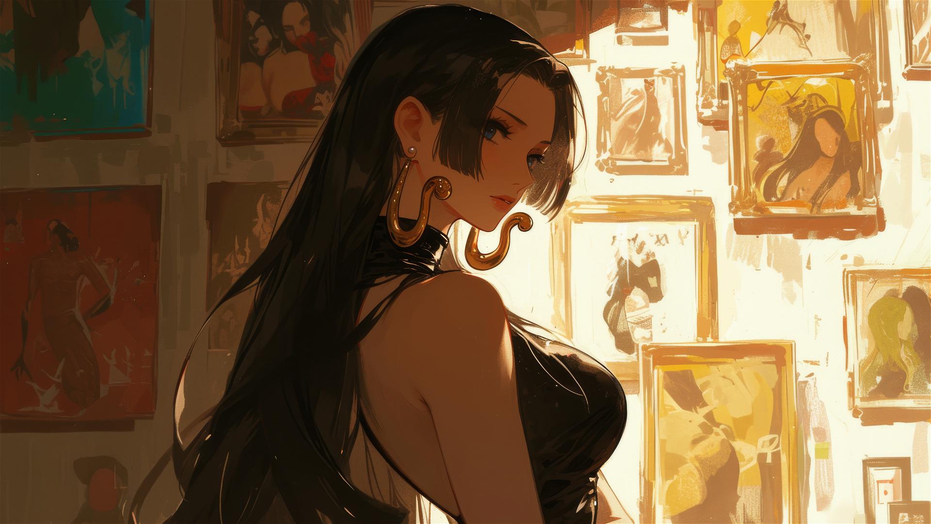 Boa Hancock from One Piece in an art gallery with soft lighting