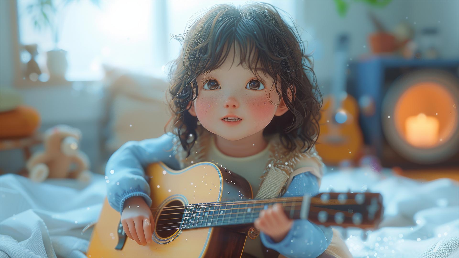 4k HD Wallpaper: Cartoon Girl Playing Guitar Against Gradient Background