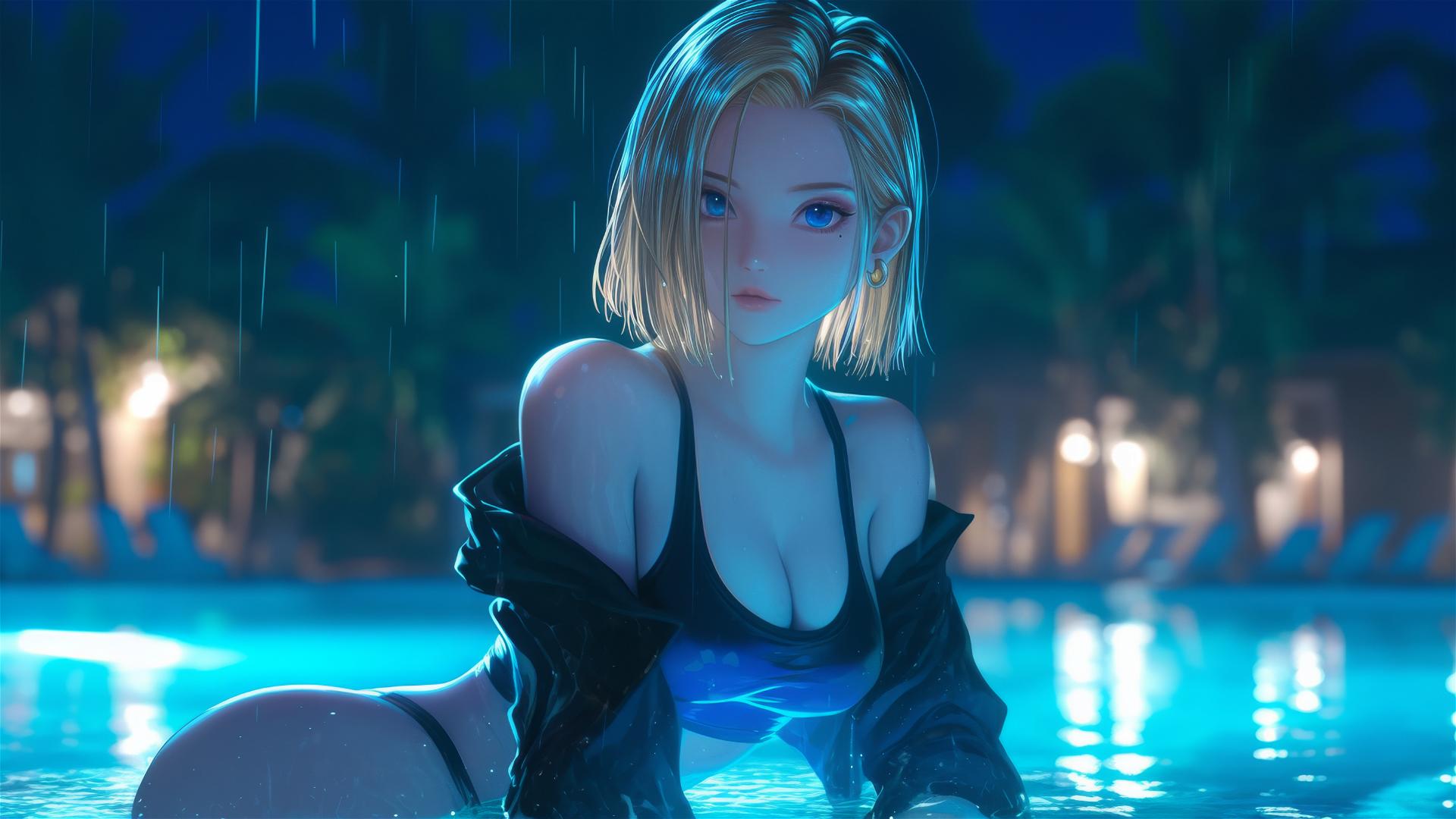 4k HD Wallpaper: Android 18 Resting by Rainy Pool