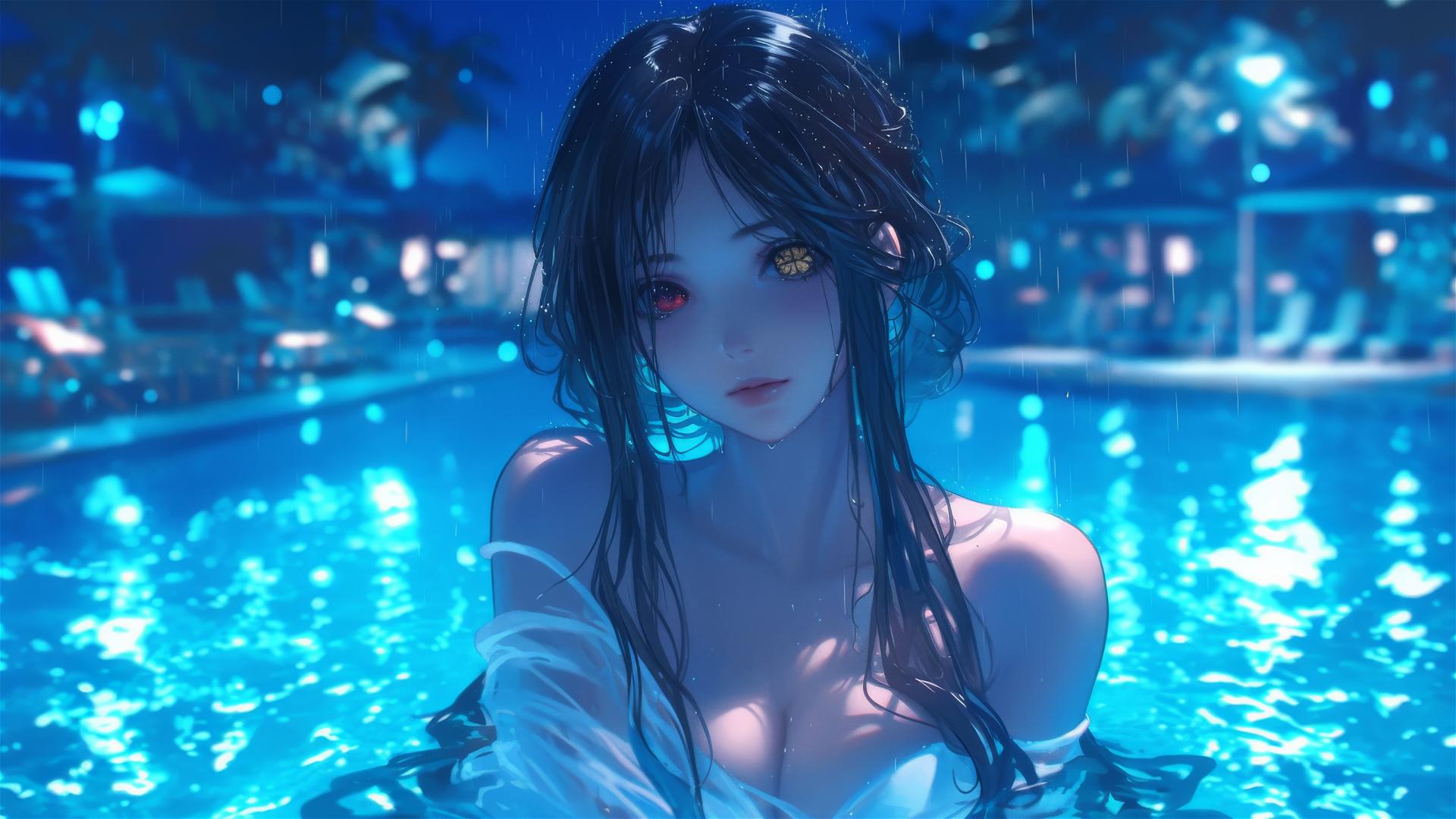 4k HD Wallpaper: Kurumi Tokisaki in Moonlit Rainy Pool