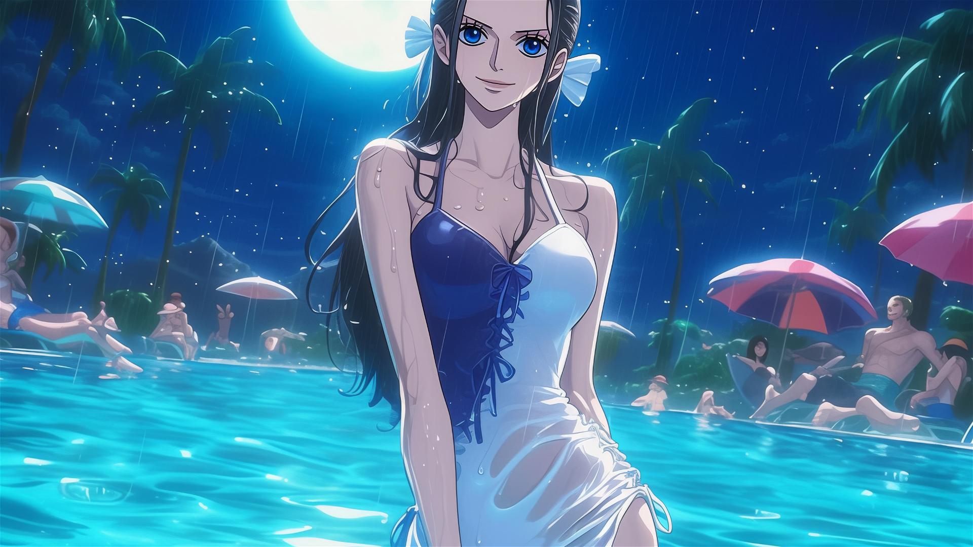 4k HD Wallpaper: Moonlit Nico Robin by a Rainy Pool