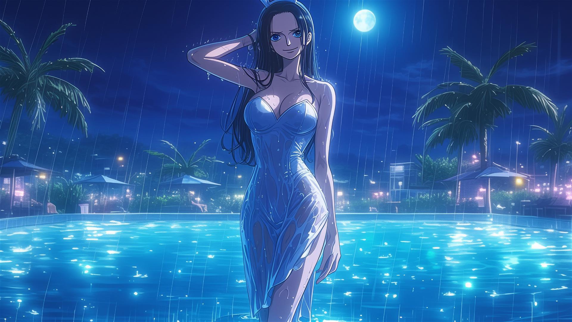 4k HD Wallpaper: Nico Robin in Moonlit Rainy Pool