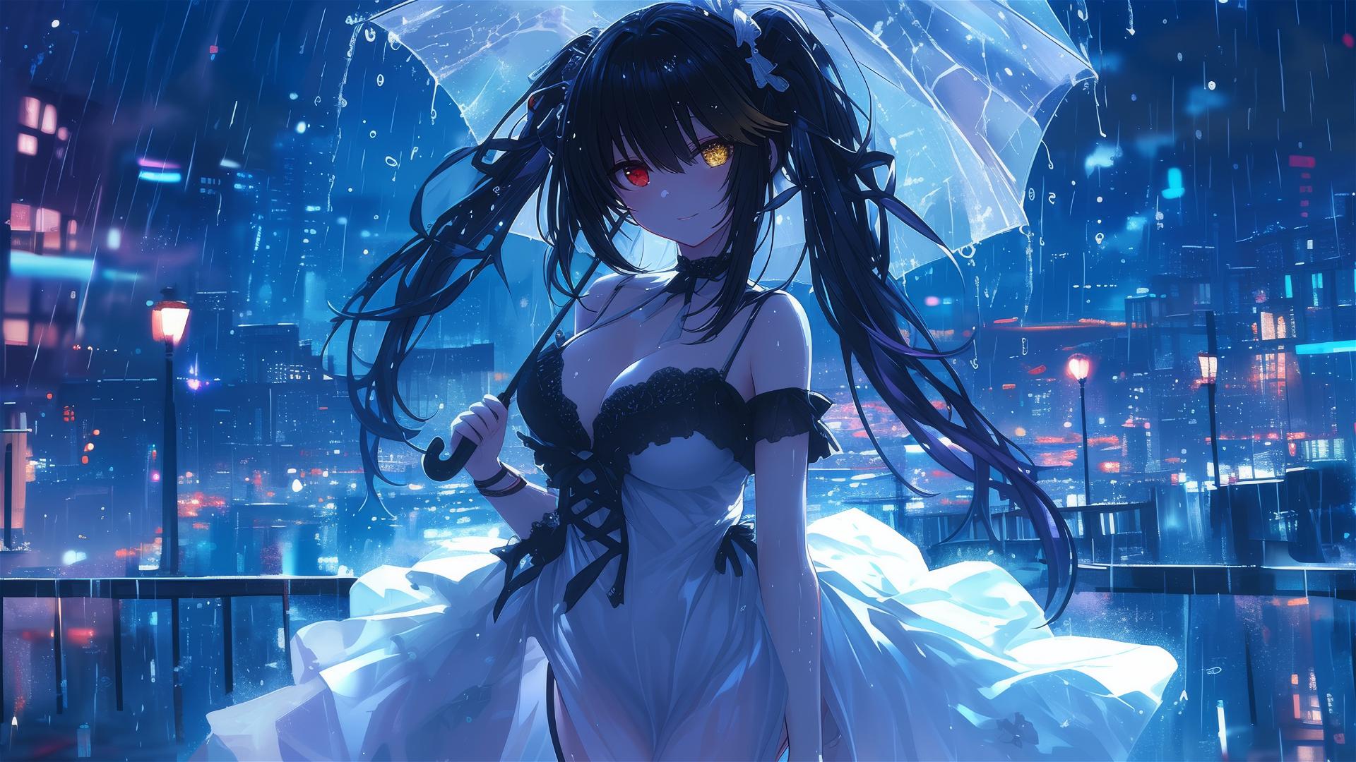 4k HD Wallpaper: Moonlit Kurumi with Colorful Eyes on Rainy Rooftop