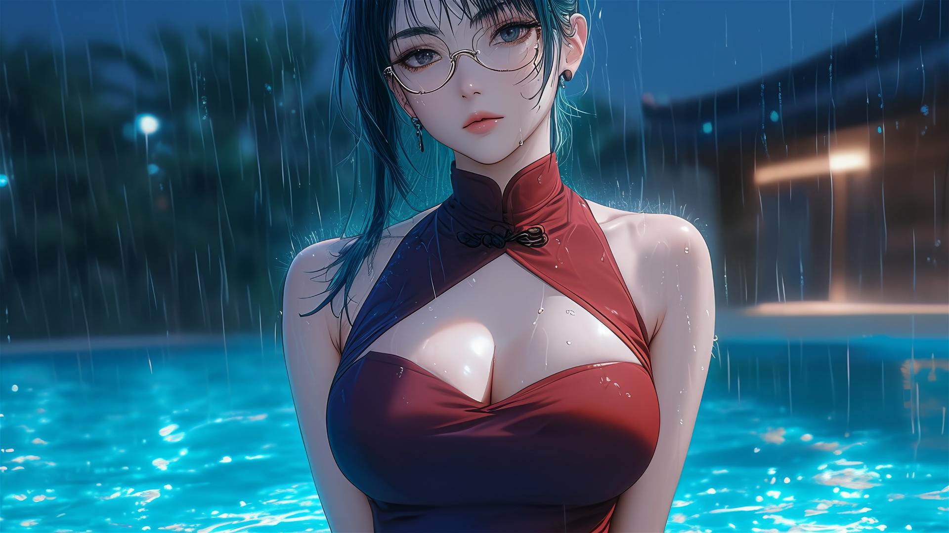 4k HD Wallpaper: Moonlit Poolside Leisure with Maki Zenin in Red