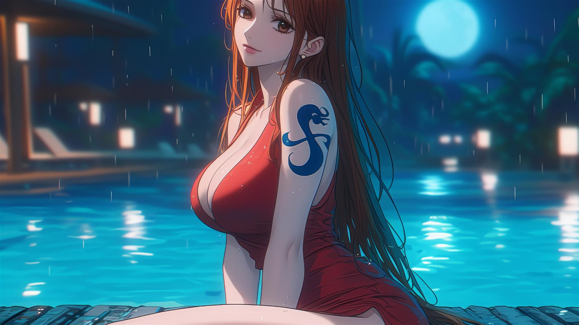 4k HD Wallpaper: Moonlit Nami by the Pool in Rain