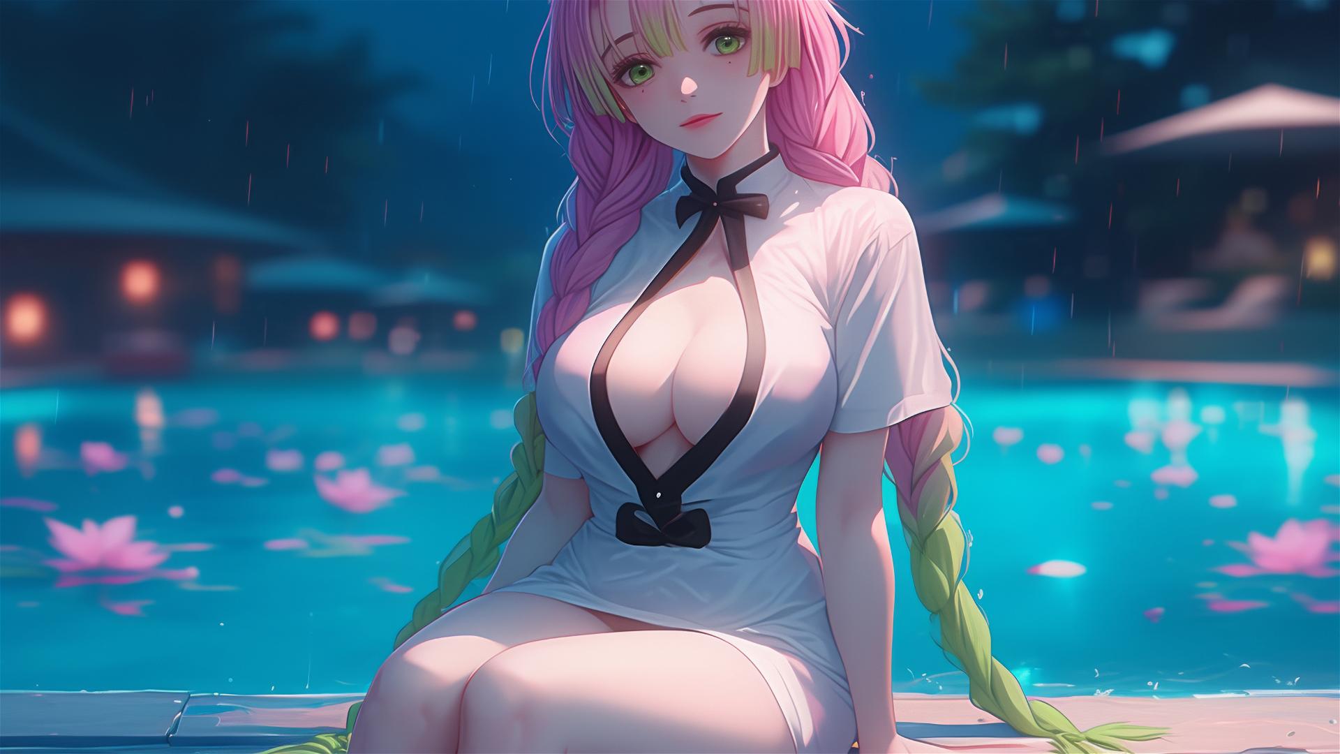 4k HD Wallpaper: Moonlit Mitsuri Kanroji by the Pool