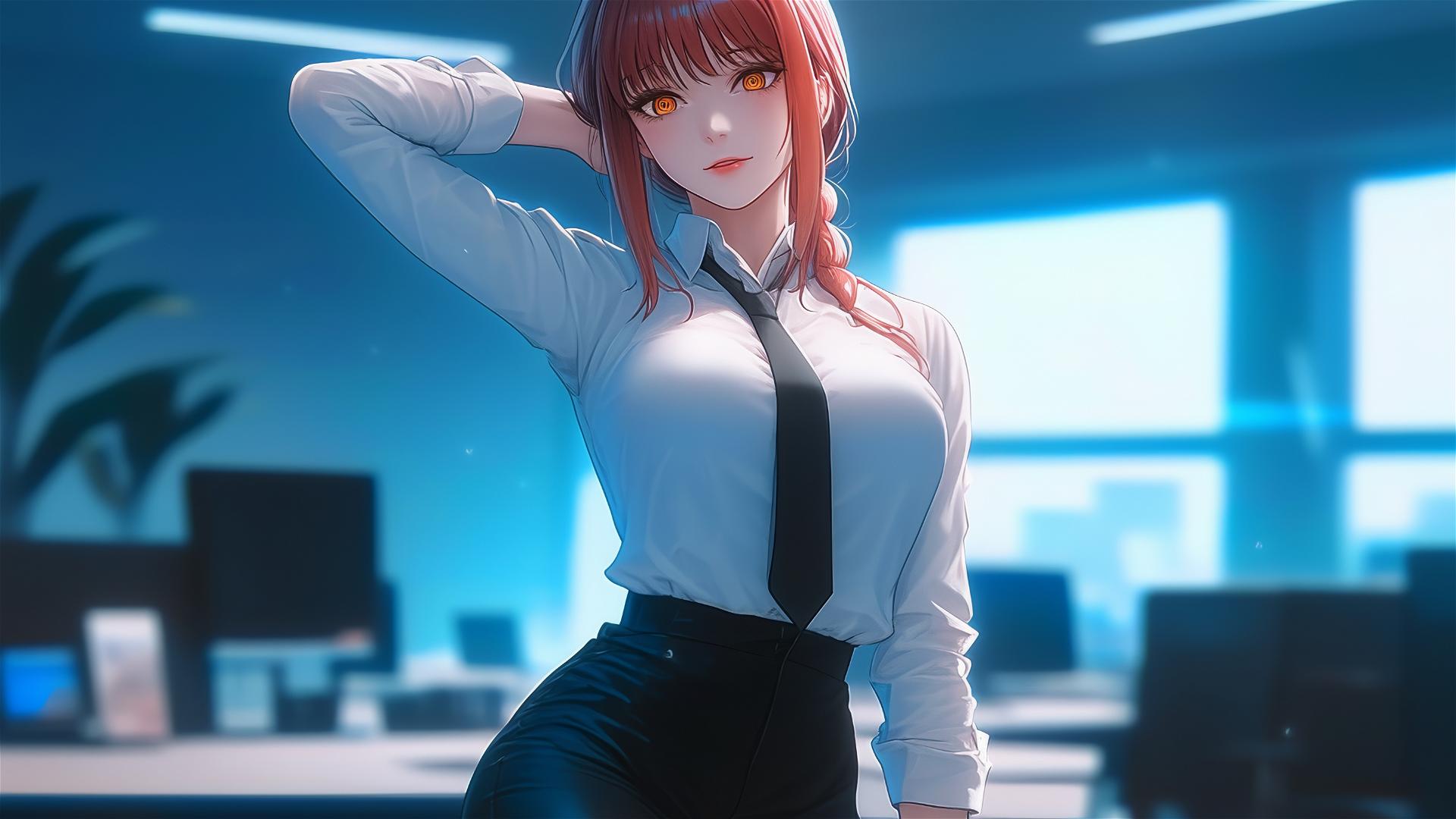 4k HD Wallpaper: Makima's Dynamic Office Pose from Chainsaw Man