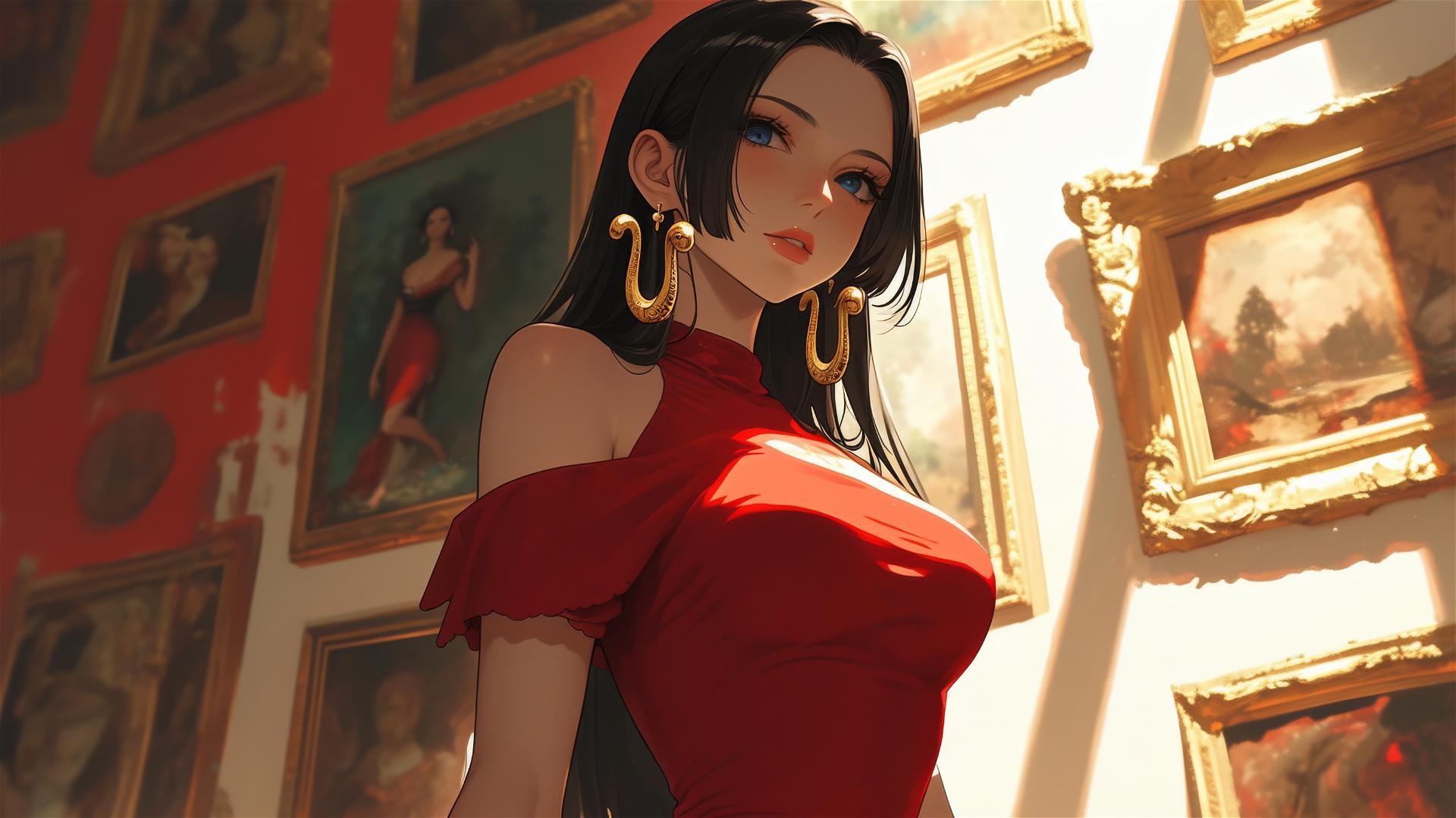 Boa Hancock from One Piece leisurely wandering through an art gallery