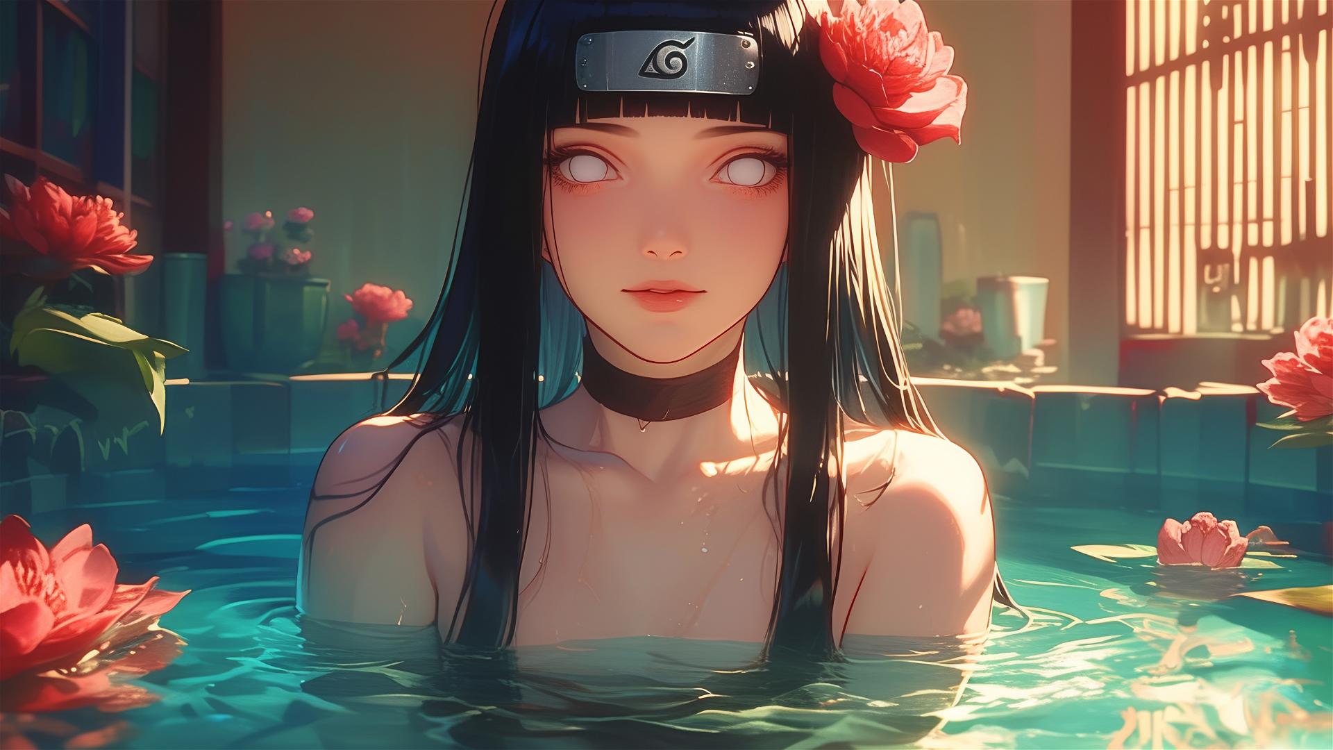 4k HD Wallpaper: Hinata Hyuga in Floral Bath at Chinese Spa