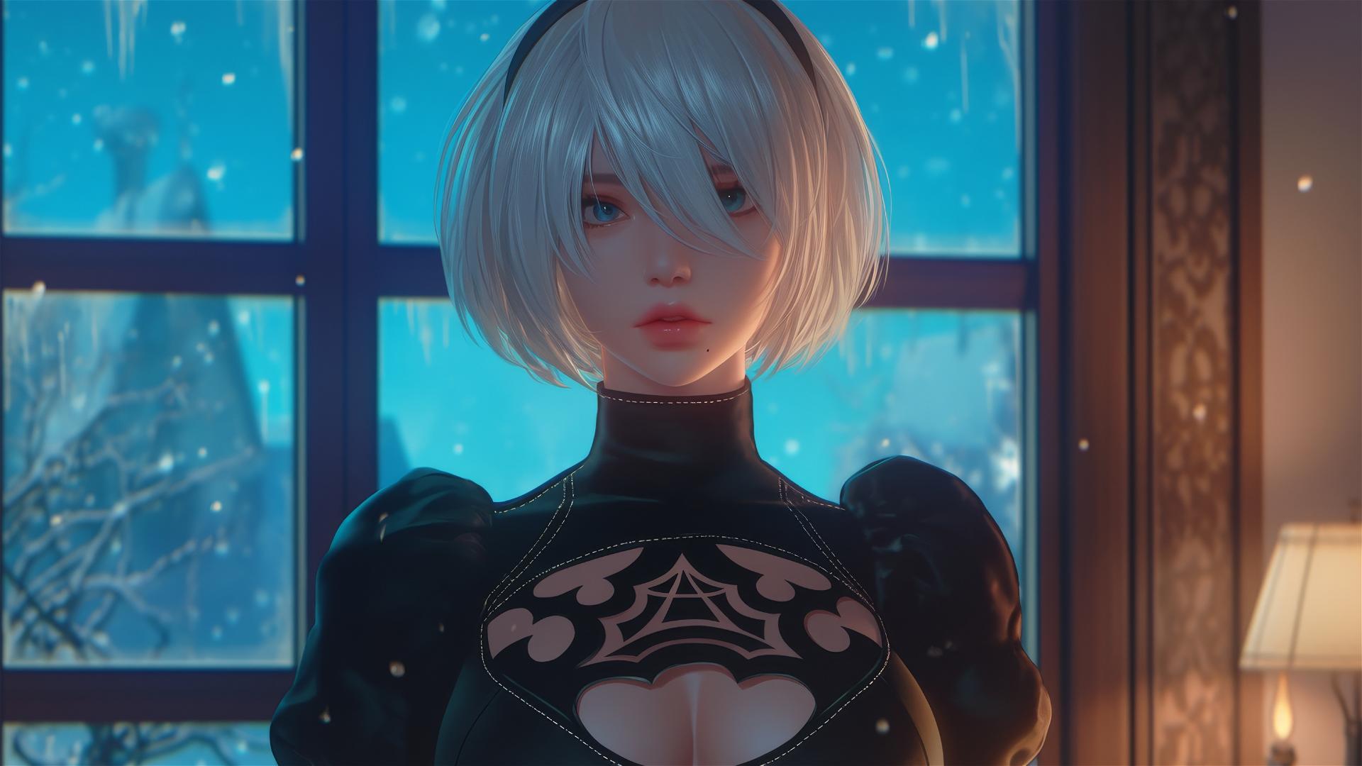 4K HD Обои: 2B из игры Nier в современной гостинице под лунным светом