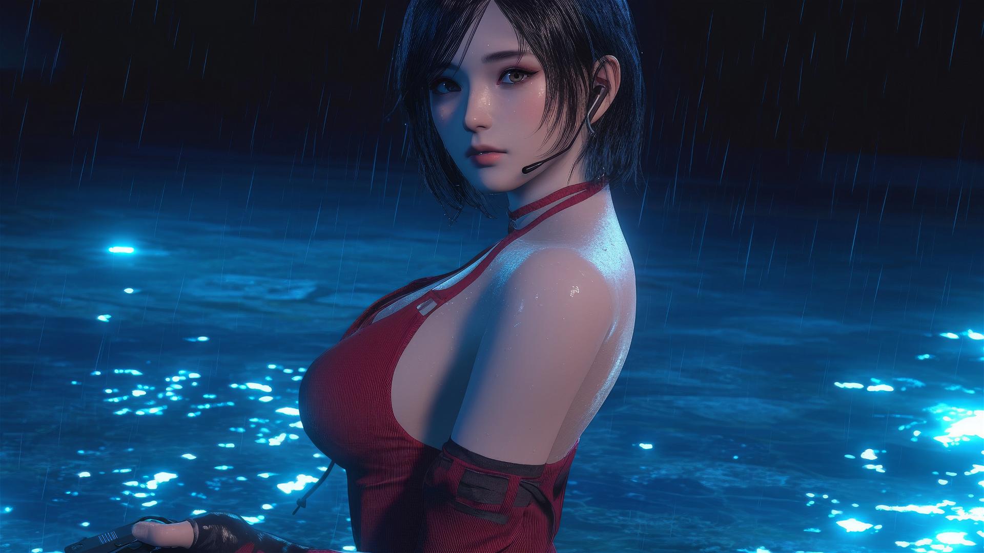 4k HD Wallpaper: Ada Wong in Rainy Pool with Moonlight