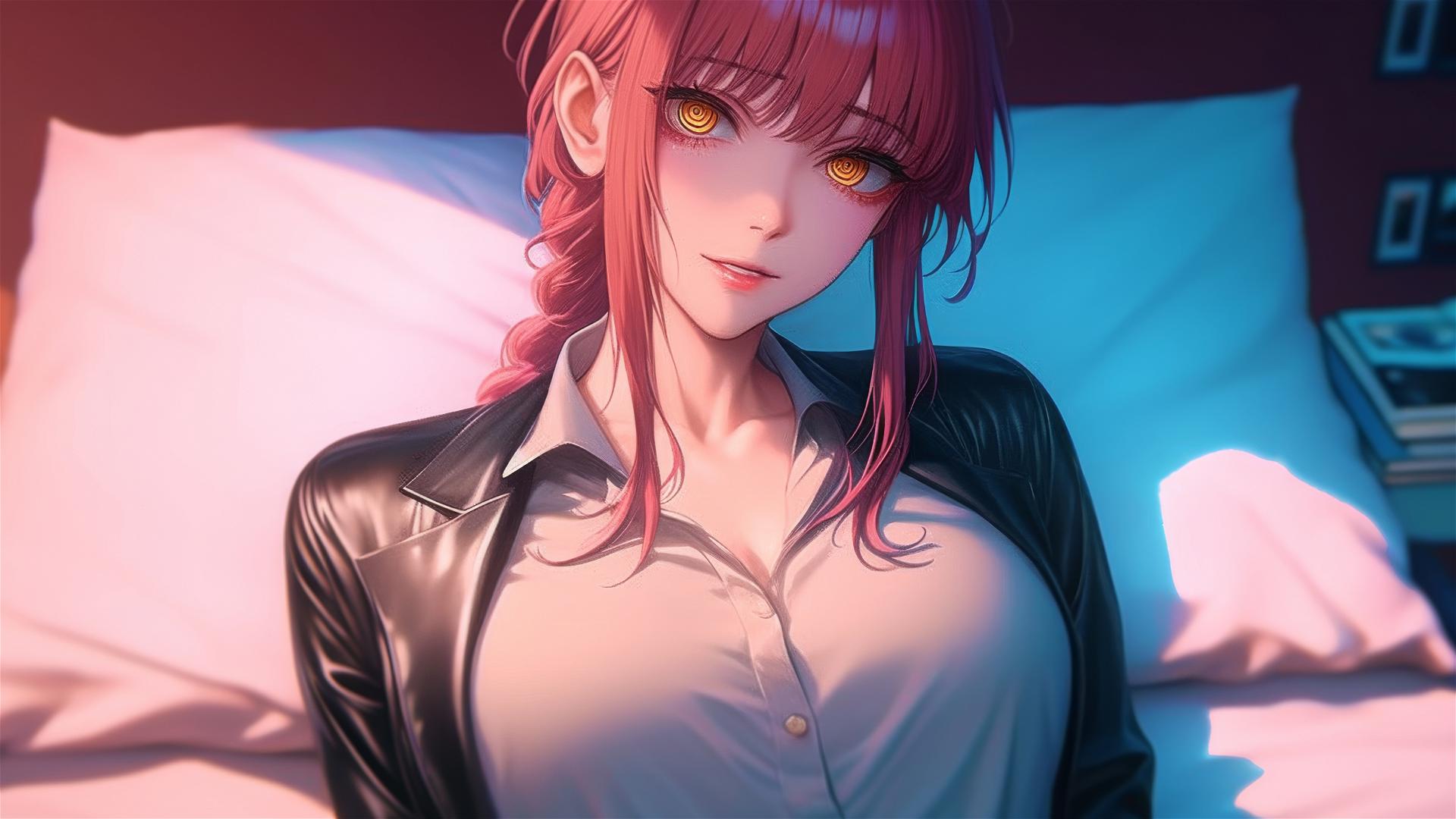 4k HD Wallpaper: Makima from Chainsaw Man in Neon Bed Scene