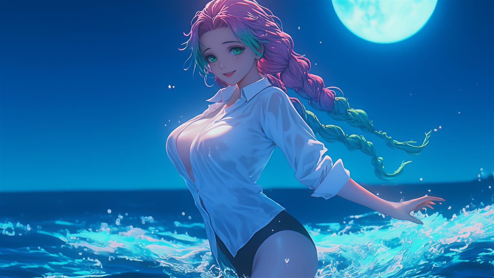 4k HD Wallpaper: Mitsuri Kanroji Jumping Out of Pool under Moonlight