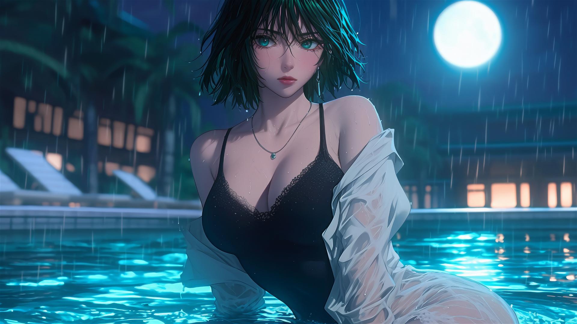 4k HD Wallpaper: Fubuki Resting by Moonlit Rainy Pool