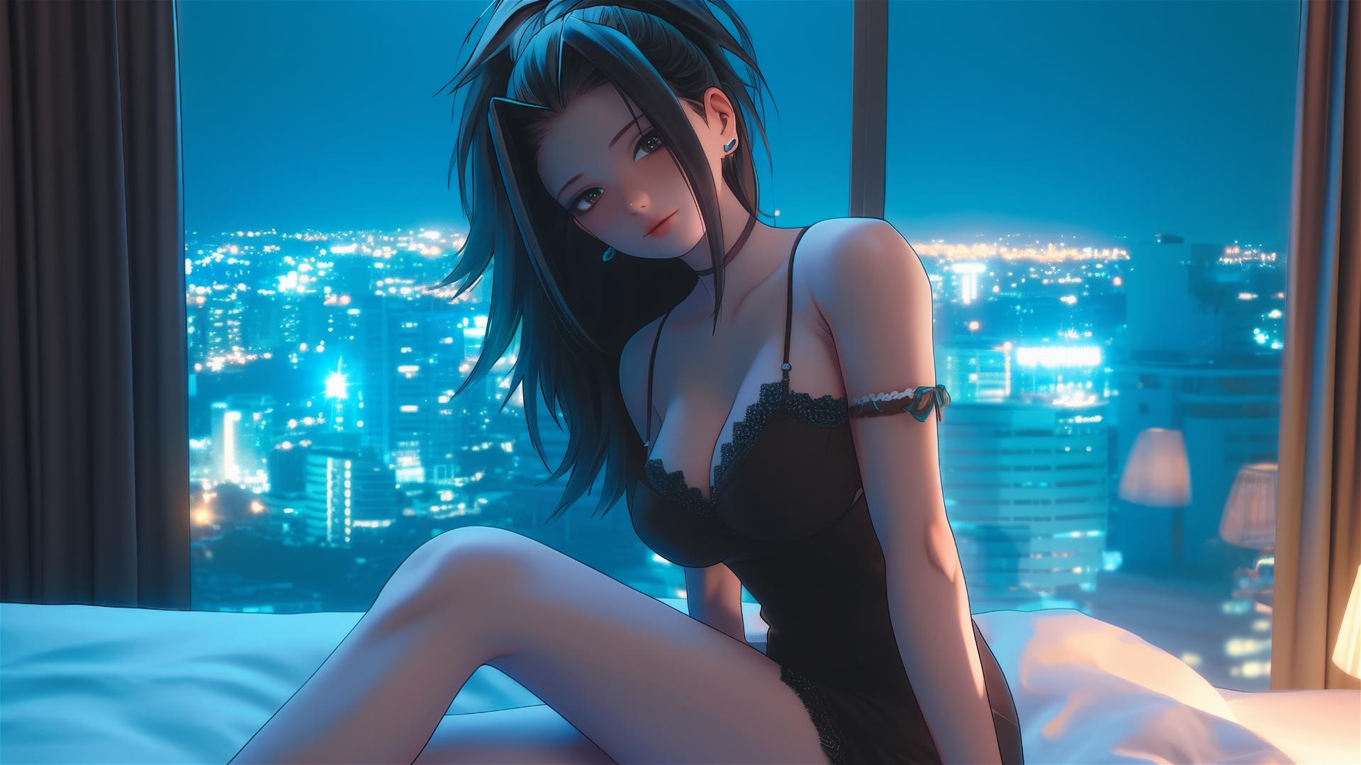 4k HD Wallpaper: Momo Yaoyorozu in Neon-lit Modern Hotel Room