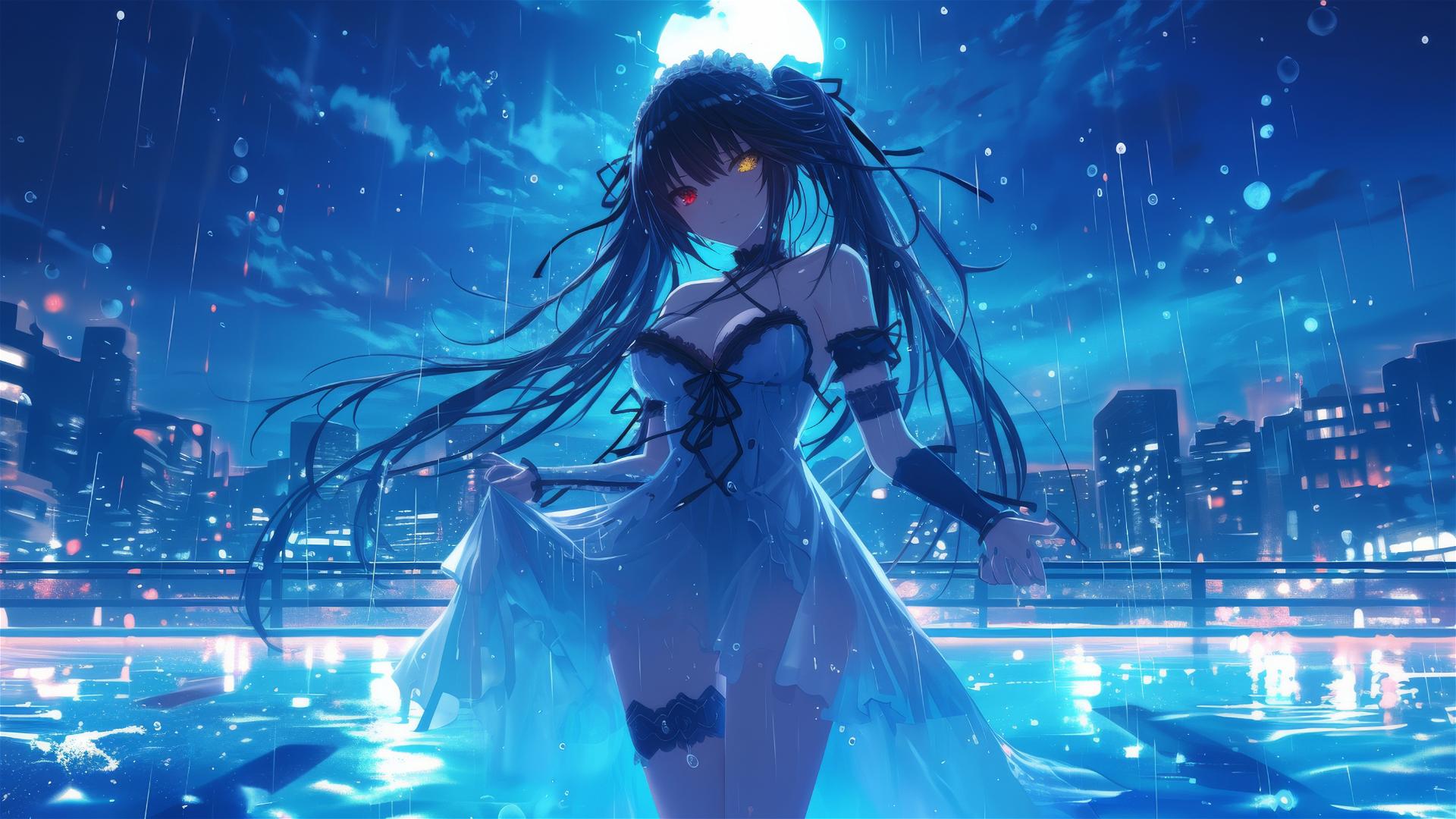 4k HD Wallpaper: Kurumi Tokisaki under Moonlit Rain