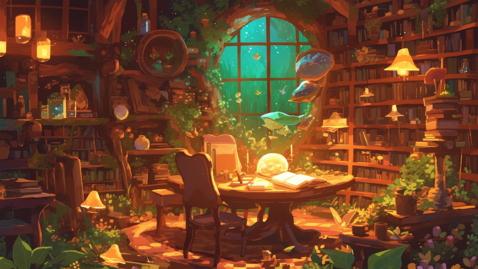 4k HD Wallpaper: Ghibli-Style Wizard's Library