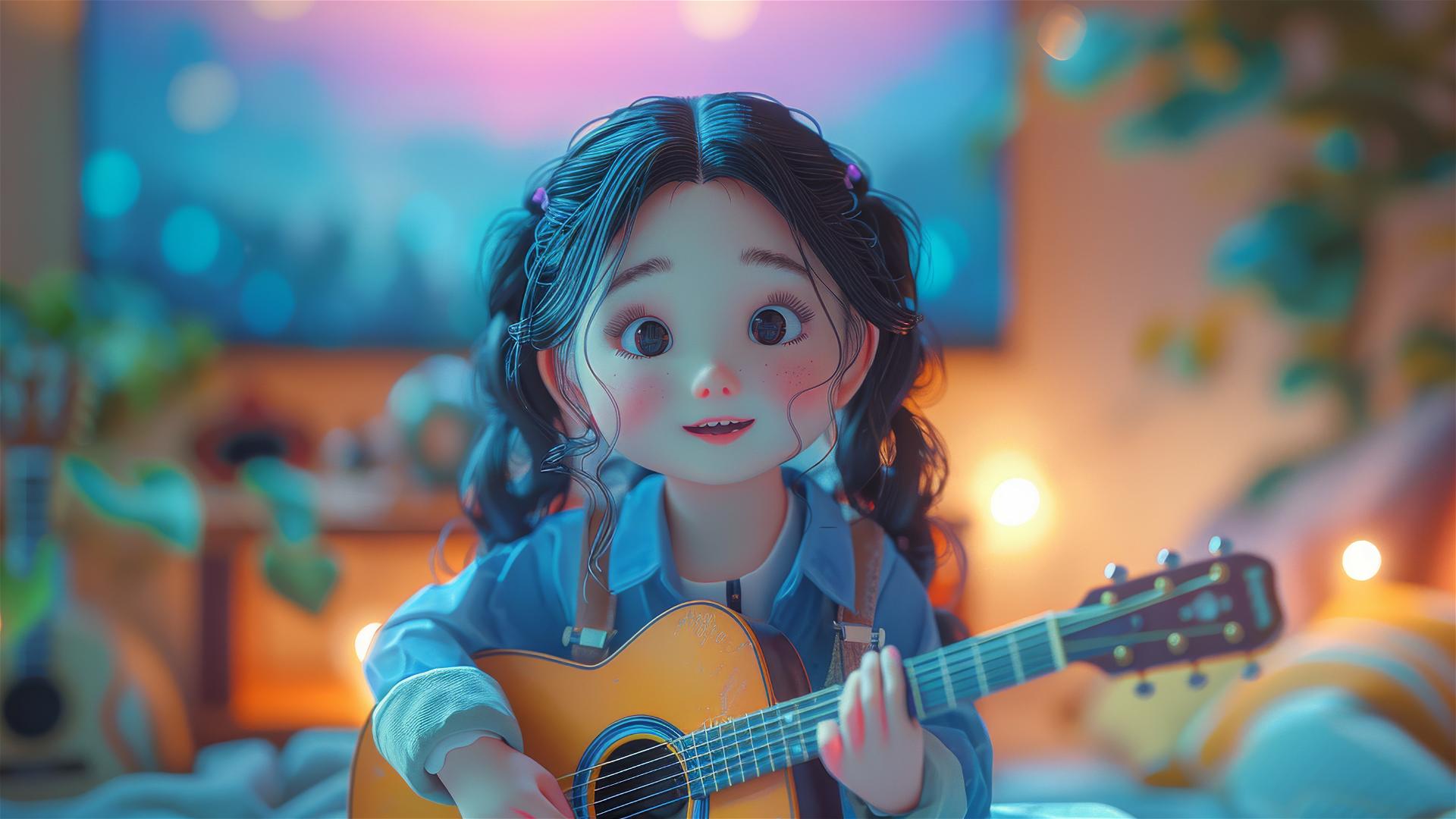 4k HD Wallpaper: Cartoon Girl Guitarist with Colorful Gradient