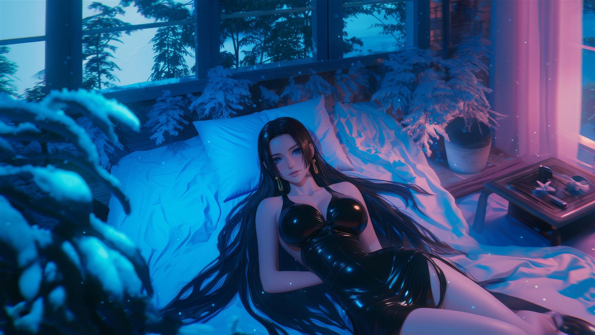 4k HD Wallpaper: Boa Hancock in Bed with Black and Pink Leather